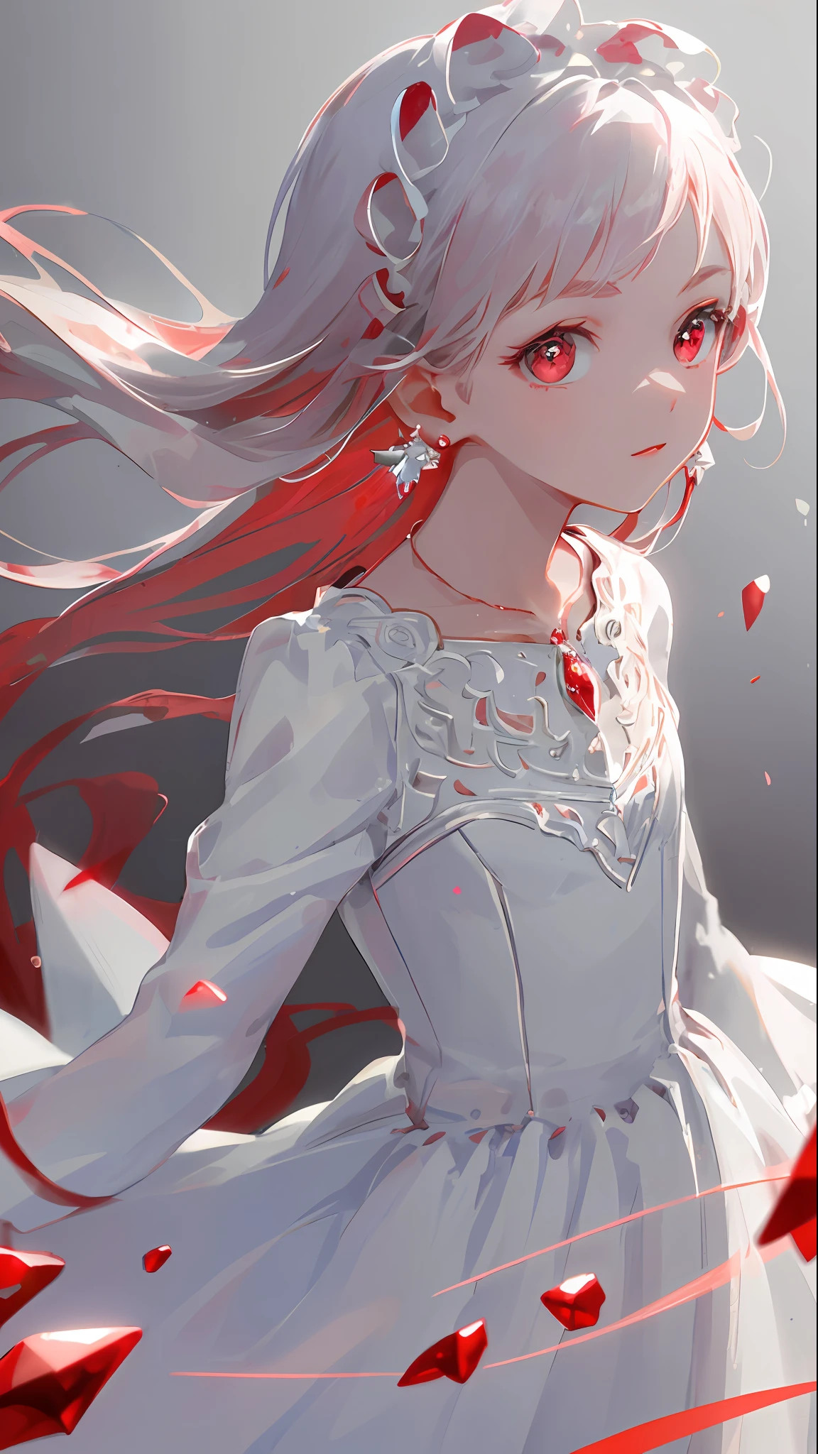 Masterpiece, Best Quality, Illustration, Side Shot, Crimson, Platinum Earrings, Platinum Necklace, White Dress, 1girl, Cute, (Dynamic Light: 1.3), Cinematic Light Effects, Delicate Facial Features, Detailed Eyes, Sharp Pupils, Realistic Pupils, Deep Field of View, Bokeh, Clear Focus, (Ultra Detailed, Bloom, Glow: 1.5), Small Gems