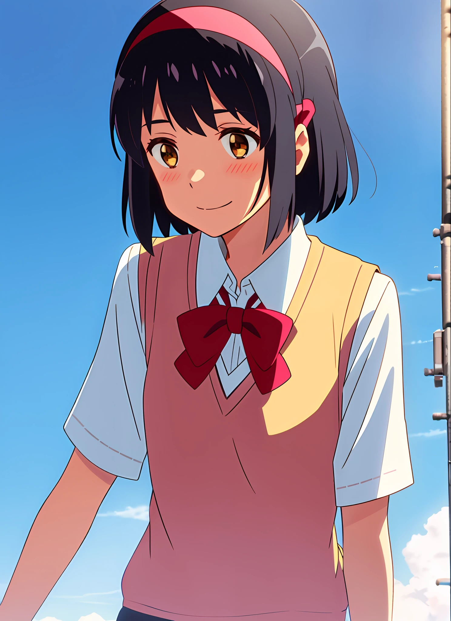 shinkai makoto, kimi no na wa., 1girl, bangs, black hair, blue sky, blush, bow, bow, brown eyes, cloud, collared shirt, headband, headband, looking at the audience, Negative Space, Outdoor, red bow, red bow, red headband, red ribbon, Ribbon, school uniform, shirt, short hair, sky, smile, solo, sweater vest, upper body, vest, white shirt, yellow sweater vest, yellow vest