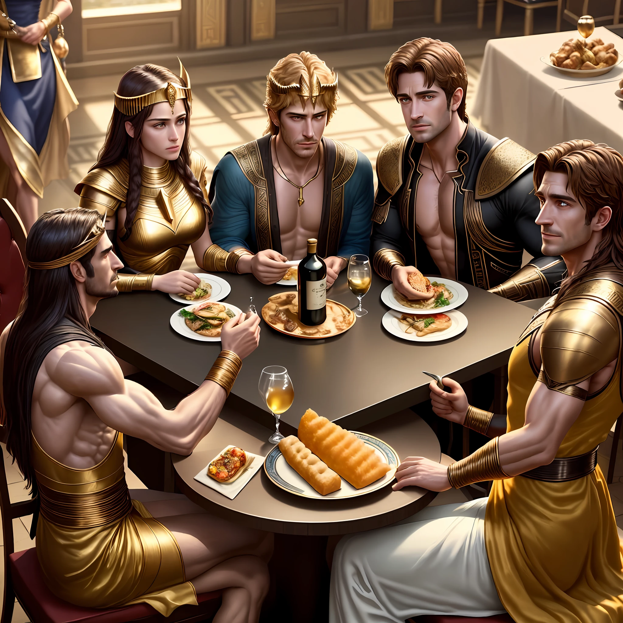 (fun) (ultrarealism) (64k UHD) (realistic photo) Gods of Egypt, Gods of Olympus and Norse mythology sitting at the table having lunch, with various meals, chalices, wines, dances, songs (realistic)