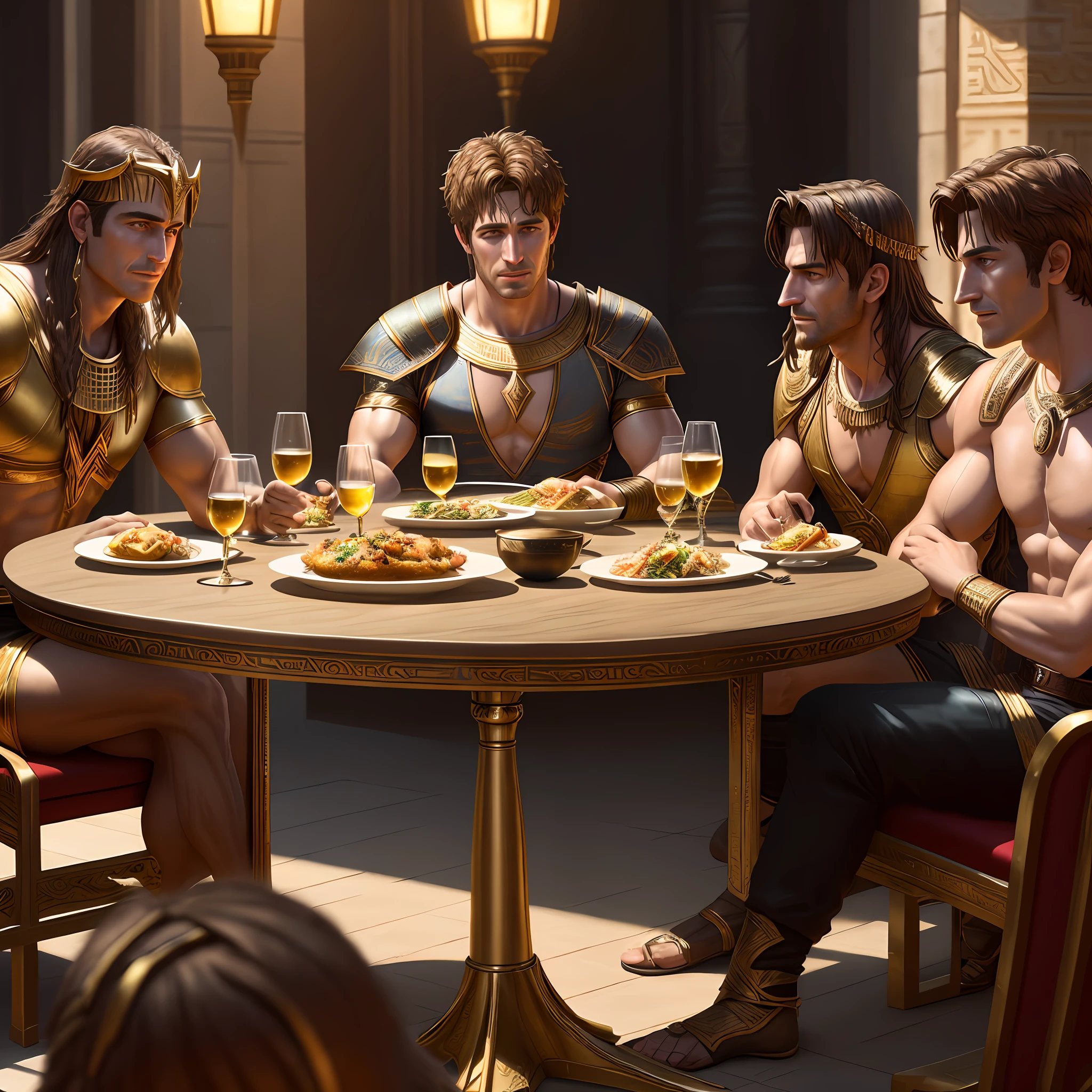 (fun) (ultrarealism) (64k UHD) (realistic photo) Gods of Egypt, Gods of Olympus and Norse mythology sitting at the table having lunch, with various meals, chalices, wines, dances, songs (realistic)