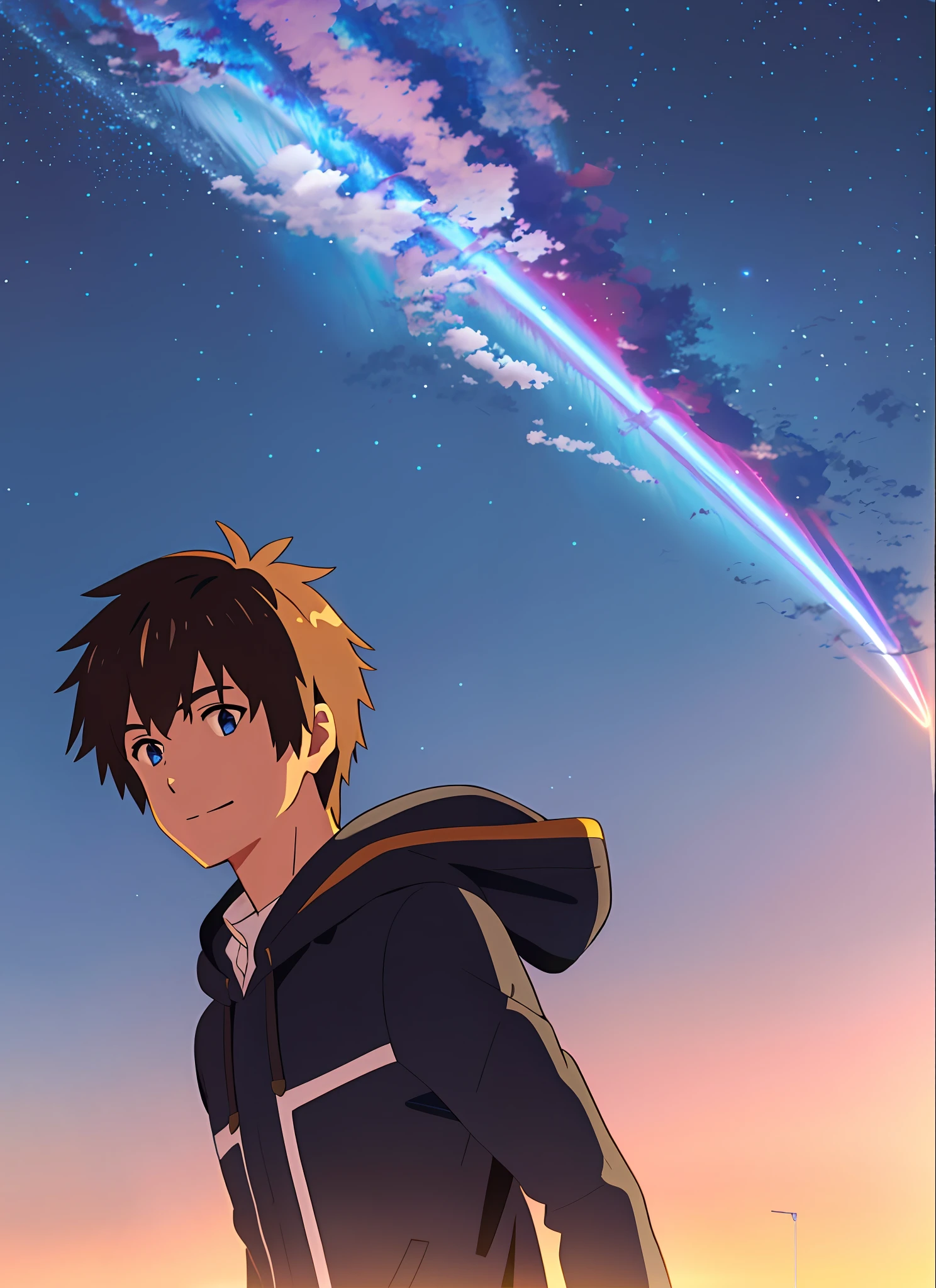 shinkai makoto, kimi no na wa., tachibana taki, 1boy, blue eyes, brown hair, comet, hood, hoodie, male focus, marker, night, night sky, sky, smile, solo, writing