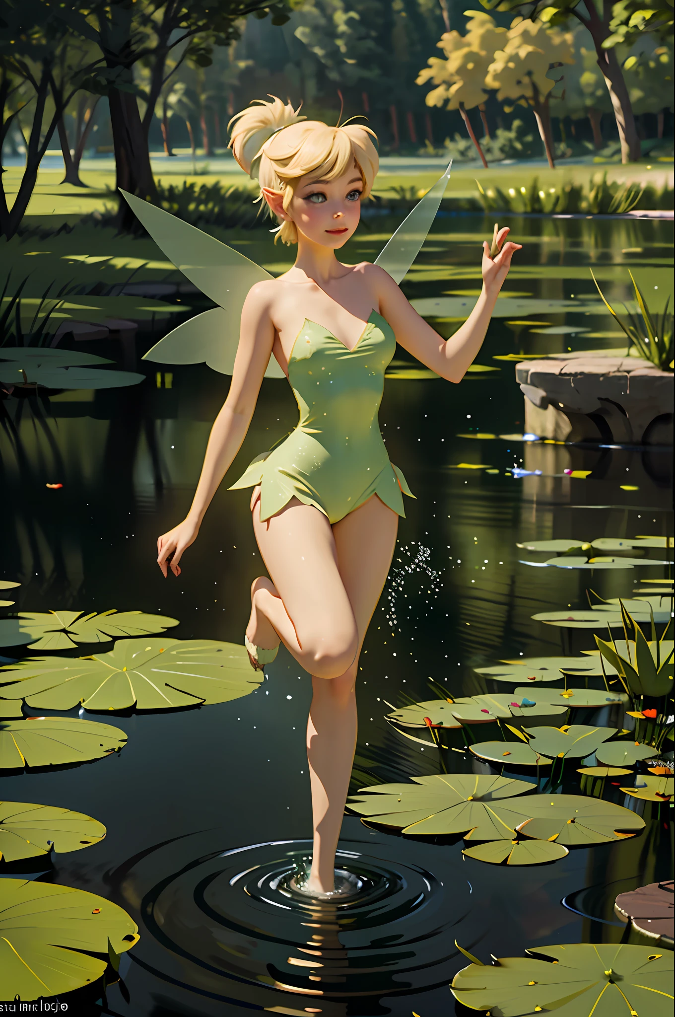 Award-winning photo, 1girl, full body shot, happy, two fairy wings, water lilies, dancing in the lake, (bokeh, uhd, hdr, high resolution, super detail, complex detail, texture effect, absurdity, masterpiece, 8k: 1.2), nude,
 Sexy Tinker Bell