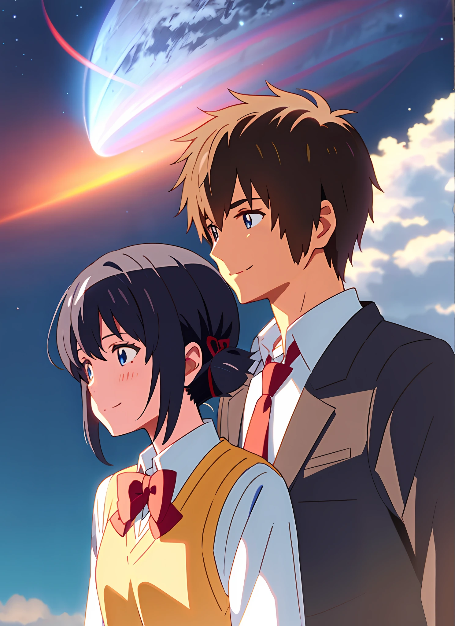 Makoto Shinkai, Mitsuba, Taki, men and women meet, Mitsuba and Taki look at each other, Mitsuba looks at Taki, the two meet in parallel time and space, Kimi no na wa., 1girl, bangs, brunette hair, blue sky, blush, bow, brown eyes, clouds, collared shirt, headband, headband, , negative space, outdoors, red bow, red bow, red headband, red ribbon, ribbon, school uniform, shirt, short hair, sky, smile, solo, sweater vest, upper body, tank top, white shirt, yellow sweater vest, Yellow vest, shinkai makoto, kimi no na wa., tachibana taki, 1boy, blue eyes, brown hair, comet, hood, hoodie, male focus, marker, night, night sky, sky, smile, mitsuba, taki, men and women meet,