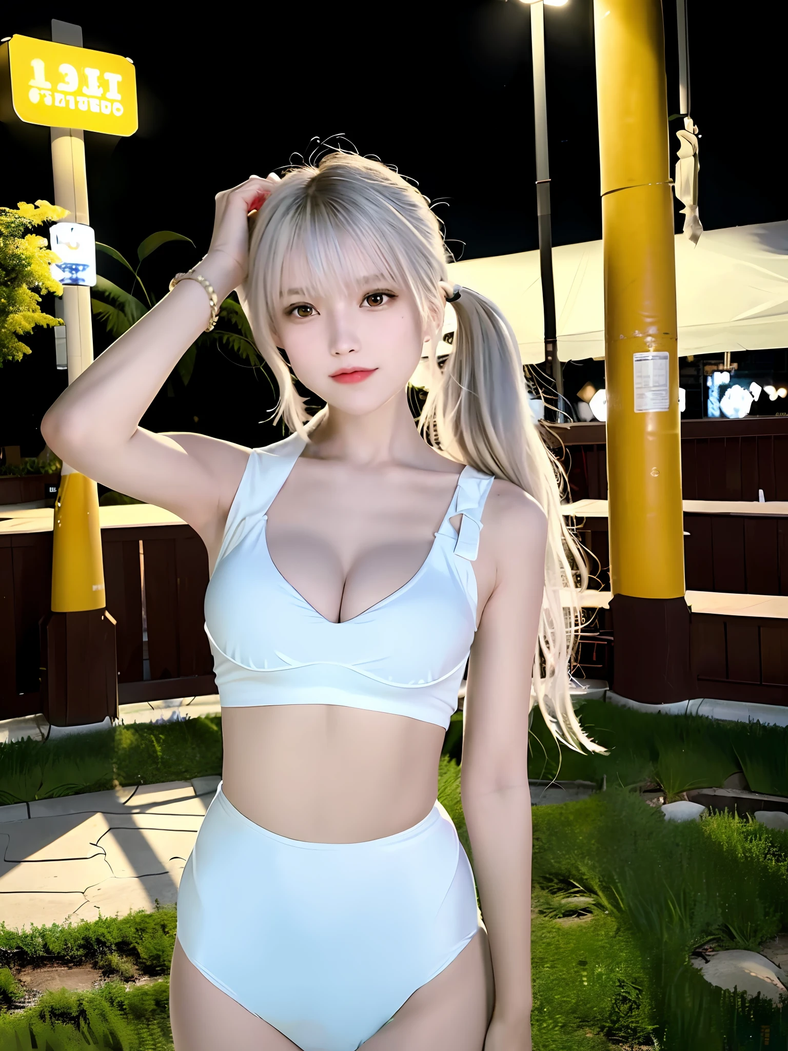 1girl, smile, (((small breast))), (((bokeh))), depth of field, cute face, looking at the viewer, masterpiece, model style, cleavage, full body portrait, sexy pose, ((8k, RAW photo, highest quality, masterpiece), High detail RAW color photo professional photo, (realistic, photo realism:1. 37), ( highest quality), (best shadow), (best illustration), super high resolution, very detailed CG uniform 8K wallpaper, physical rendering, cinematic lighting), white swimsuit