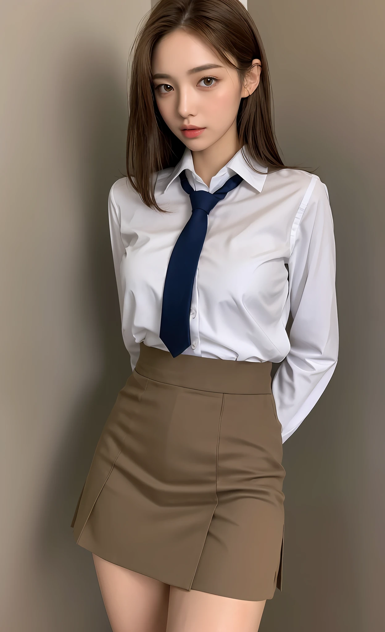 Cute 1 woman with perfect figure: 1.4, slender abs: 1.3, ((light brown hair, realistic big: 1.2)), 1.5 (wearing a school uniform, miniskirt) with highly detailed face and skin texture, detailed eyes, double eyelids, (ulzzang-6500:0.7), nip slip pants visible (1.5)