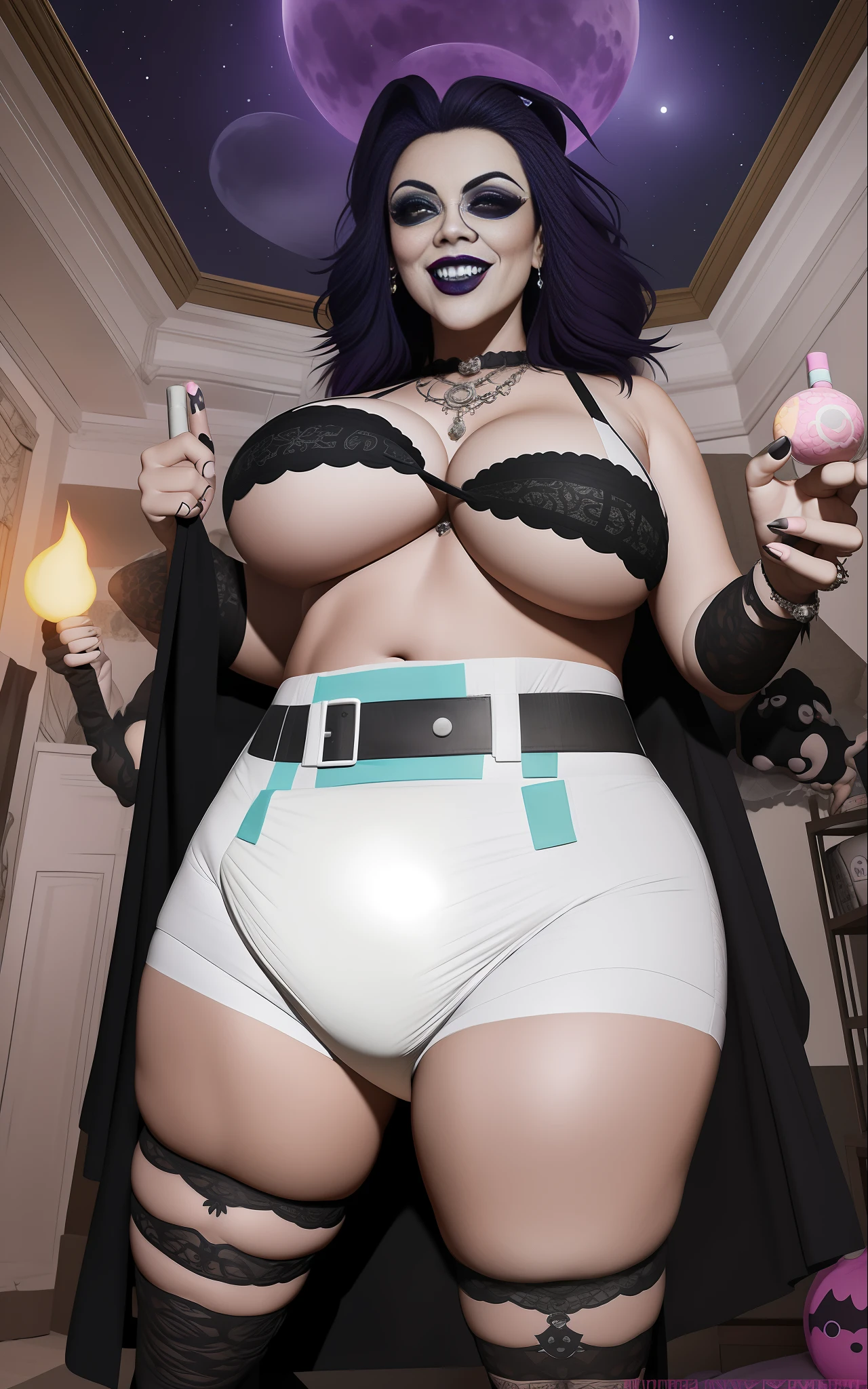 Sexy busty goth punk witch casting a diaper spell, wearing big diapers, magical themes, colorful, moonlight, indoors, attic, black lipstick, detailed, mischievous smile, large breasts, wide hips, casting love spell, seductive, (mommydom)