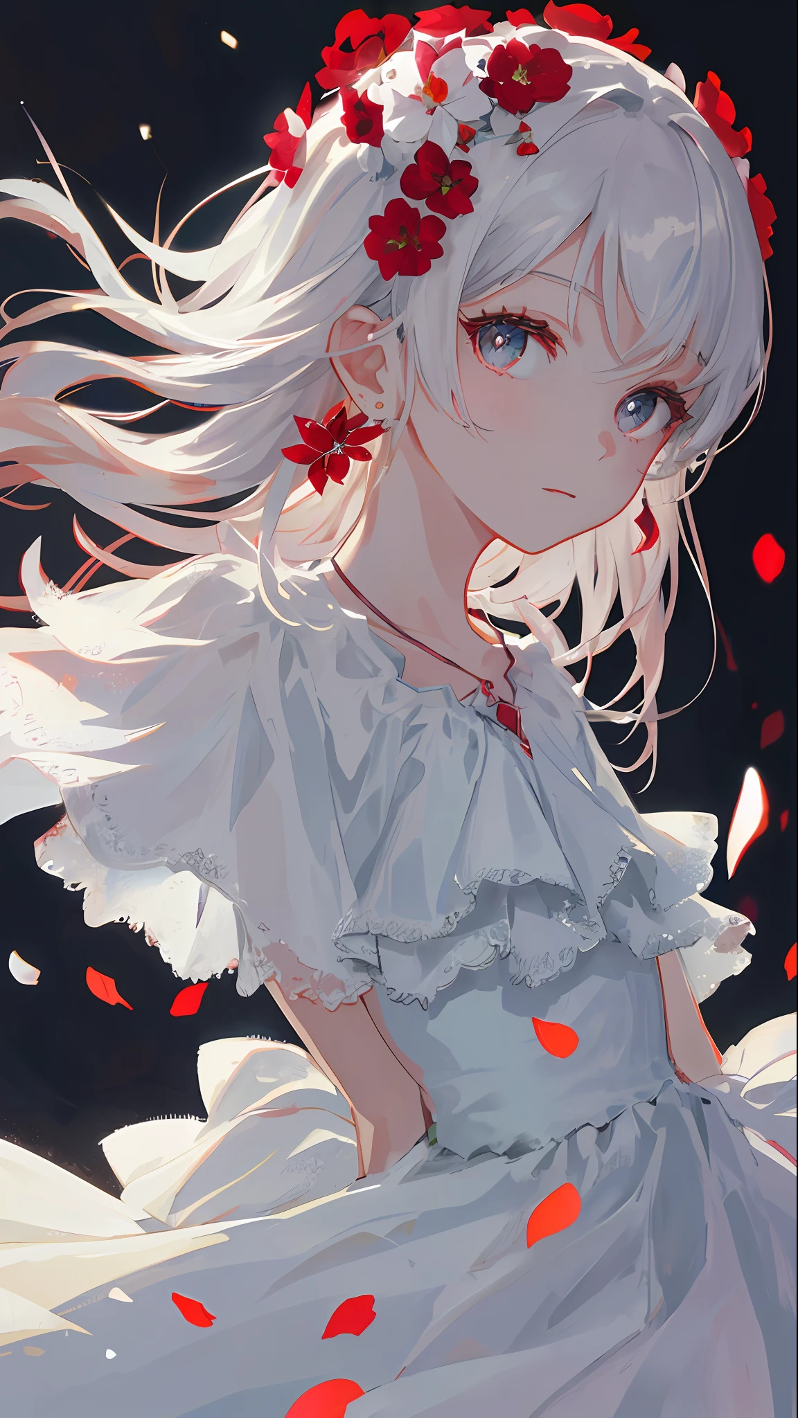Masterpiece, Best Quality, Illustration, Side Shot, Crimson, Platinum Earrings, Platinum Necklace, White Dress, 1girl, Cute, (Dynamic Light: 1.3), Cinematic Light Effects, Delicate Facial Features, Detailed Eyes, Sharp Pupils, Realistic Pupils, Deep Field of Vision, Bokeh, Clear Focus, (Ultra Detailed, Bloom, Glow: 1.5), Small Gems, Flowers on the Other Side