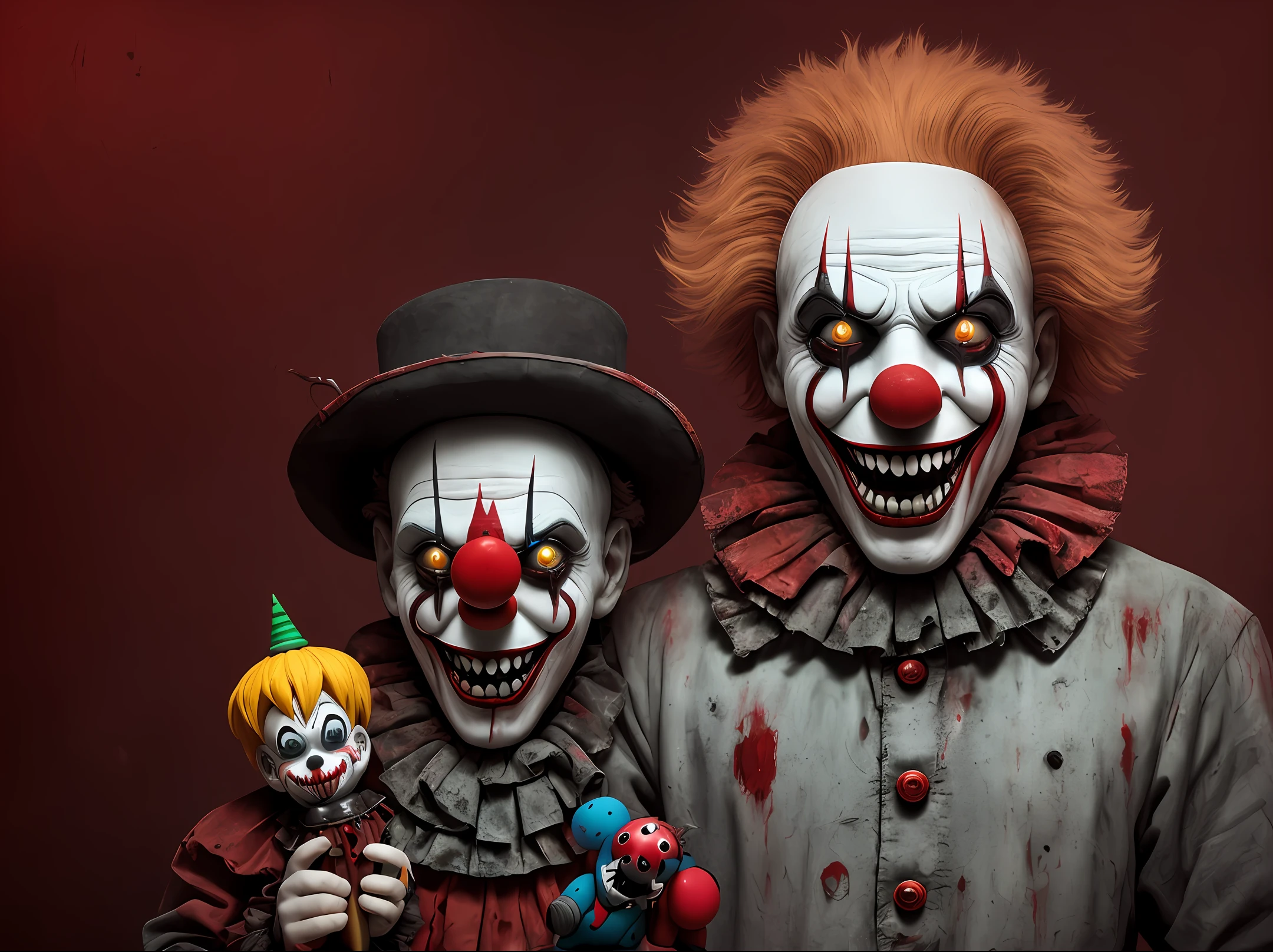 Clown man, scary, blood, evil smile, wide eyes, toys, macabre background, various colors, 8k qualities, cinematic focus, horror