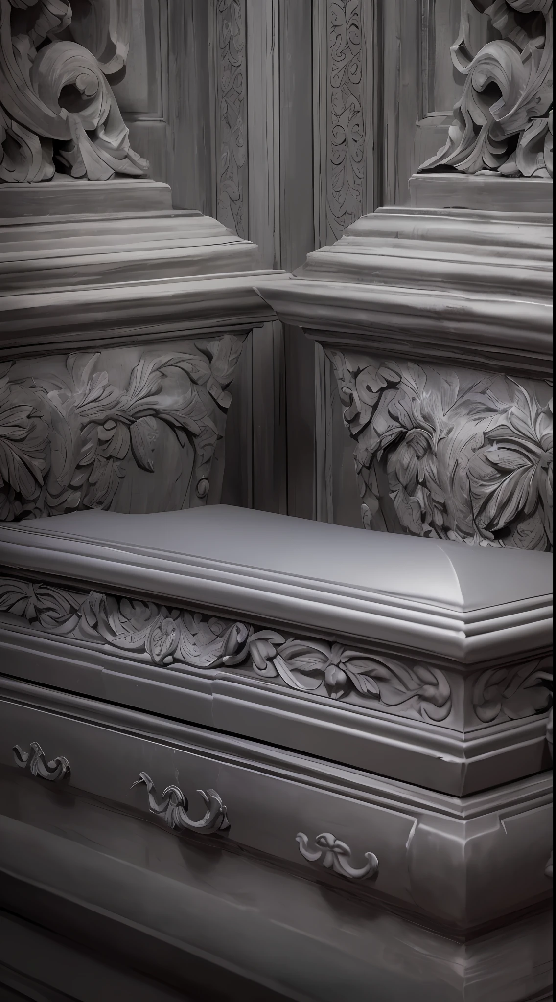 (gray, eerie, coffin), (hall center, finely carved), (depth of field, large aperture, lens blackened, ambient occlusion: 1.3)
