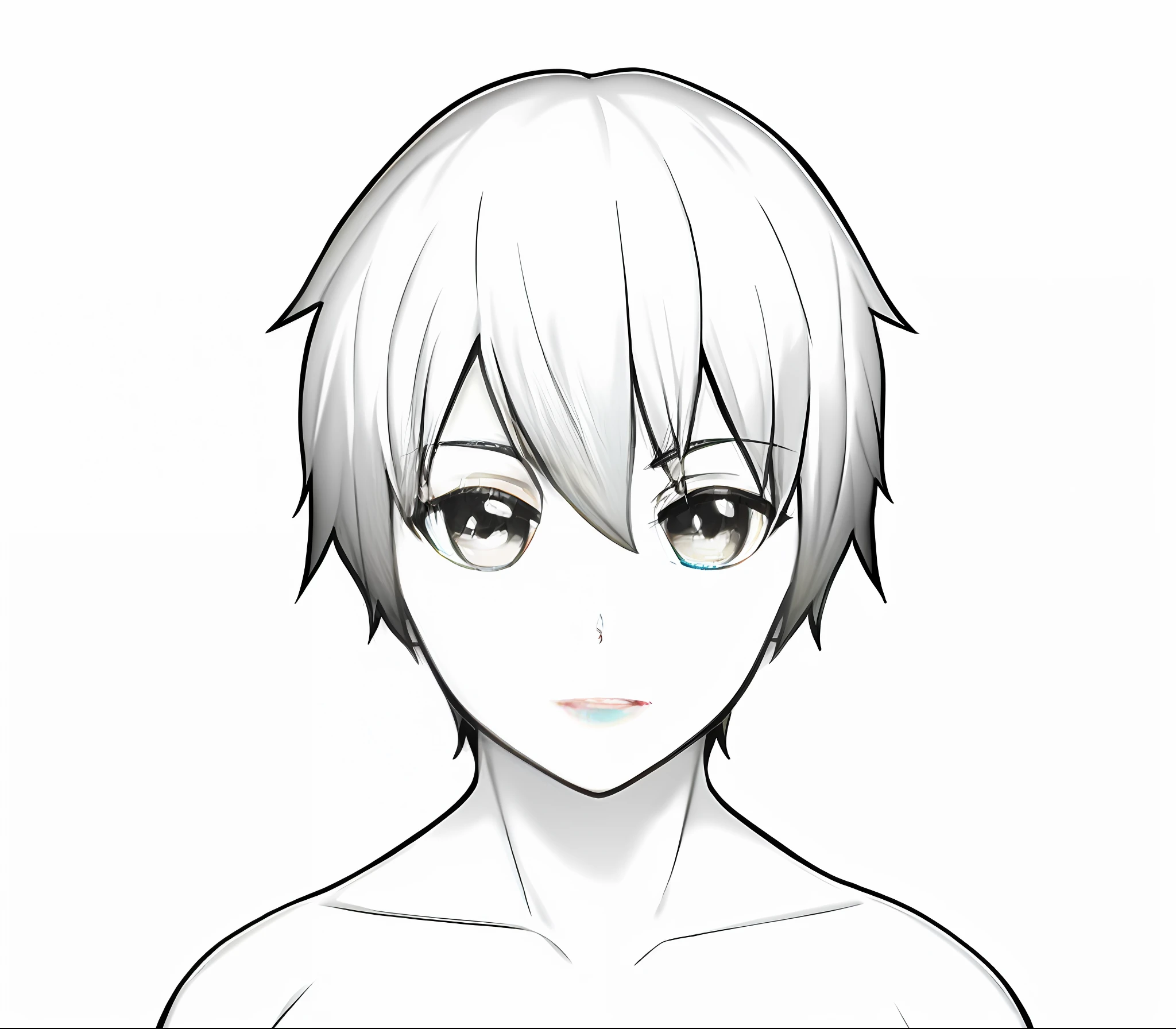 1boy, pre teen, anime, short hair, black hair, lineart, monochrome, blank background, white background, Portrait, head shot, front view, bare shoulder, neck,