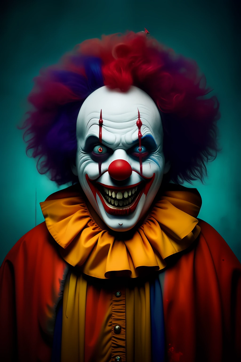 Clown man, scary, blood, evil smile, wide eyes, toys, macabre background, various colors, 8k qualities, cinematic focus, horror