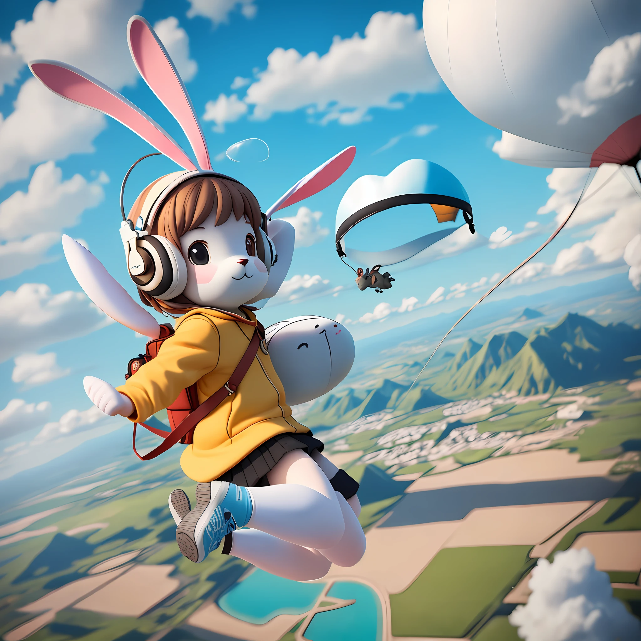 A rabbit, carrying a parachute and wearing headphones, jumps out of the plane and takes a selfie. surrealism