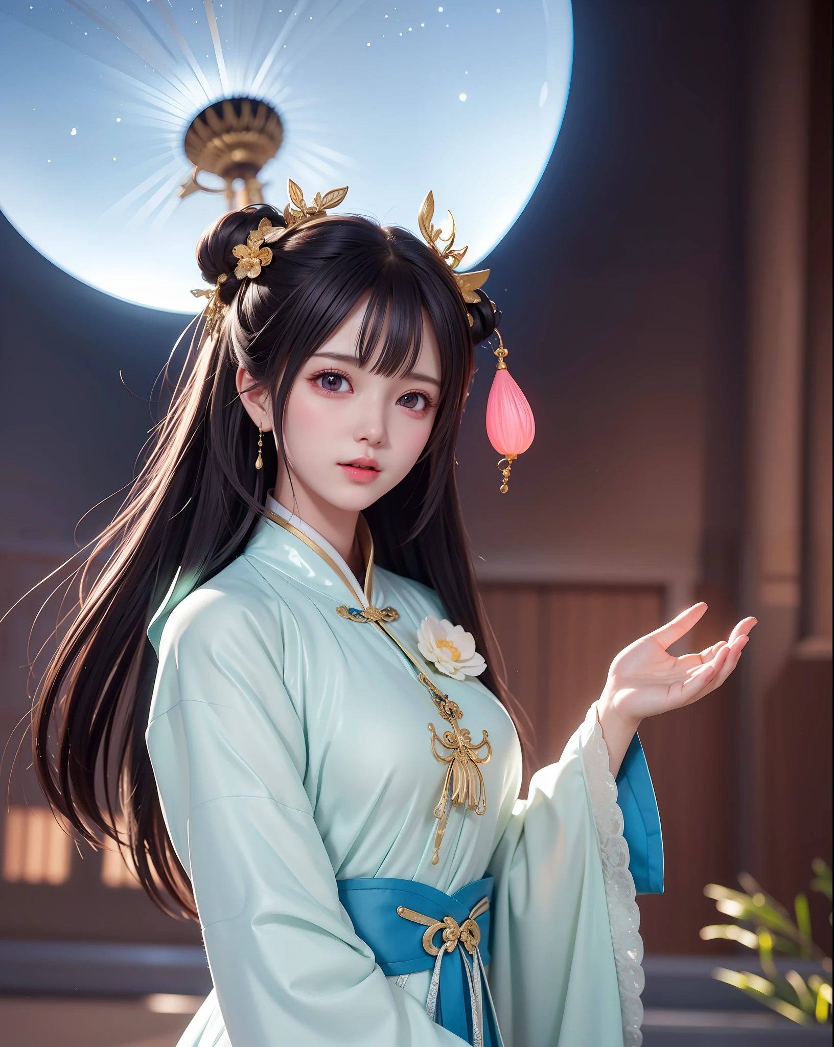 (8k, RAW photo:1.2), best quality, ultra high res,dramatic angle,(fluttered detailed color splashs), (illustration),(((1 girl))),(long hair),(rain:0.9), (头饰:1.4),少女身边有一座古宫,汉服,(重点),彩色水墨画,(泼彩),泼彩,(((colorful))),(素描:0.8) , Masterpiece, best quality, beautiful painted, highly detailed,(denoising:0.6),[splash ink],((ink refraction)), (beautiful detailed sky),moon,highly,detaild,(masterpiece, best quality, extremely detailed） CG unity 8k壁纸，杰作，最好的质量，超详细），（石蒜），