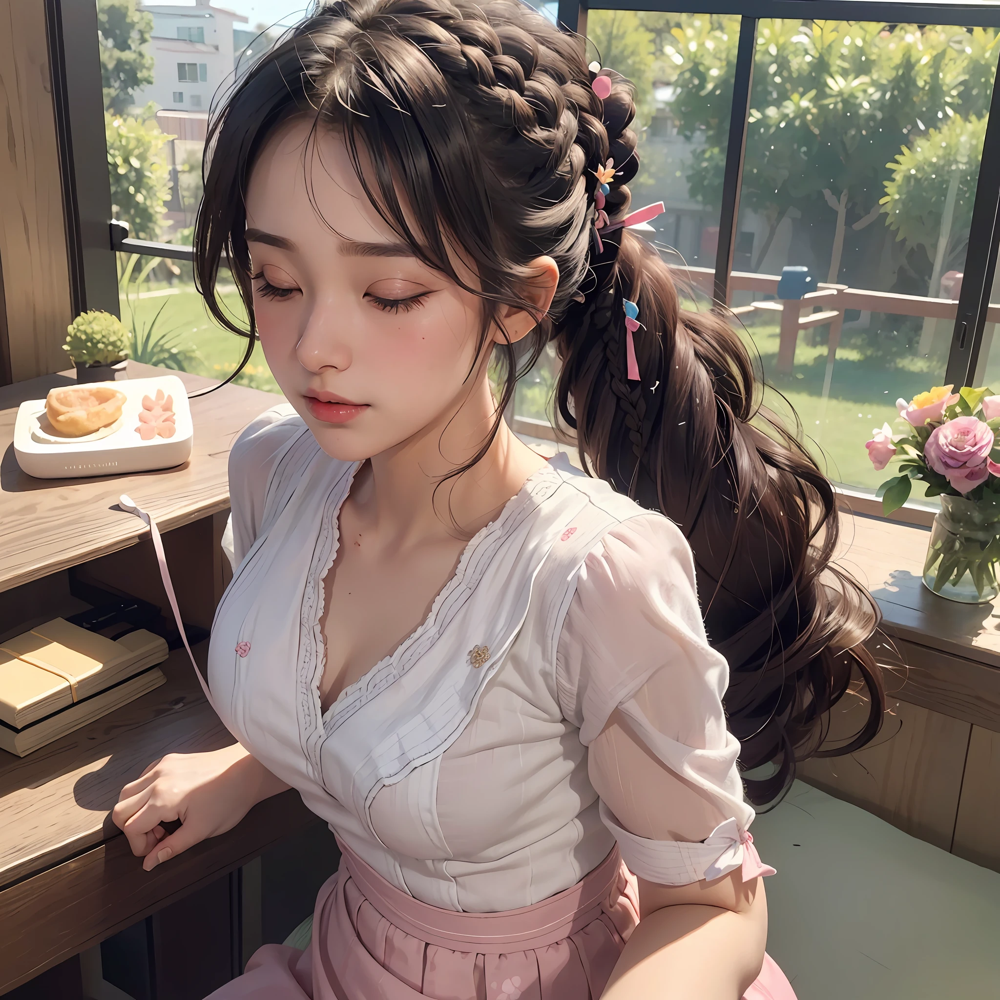 remote_play, remote_vibrating, shut up, close eyes, (nose blush:1.4), (embarrassment:1.4) (masterpiece, best quality, super high resolution, realistic, delicate, ) (intricate detail: 1.3), (ultra detail, fine, colorful, perfect artwork), japanese cute girl, 1 girl, solo, beautiful, beautiful detail eyes, bright eyes, mature female, beautiful face, happy, smile,, rest breasts , shiny skin, colorful Odai with cute flower pattern, bright sunshine, large room, desk, (ponytail| Double tail | Braided ponytail| Bun| Bun hair| Piggy tail hair | Messy bun hair | Updo hair|curly outward hair|braids|messy long hair), hair accessories,