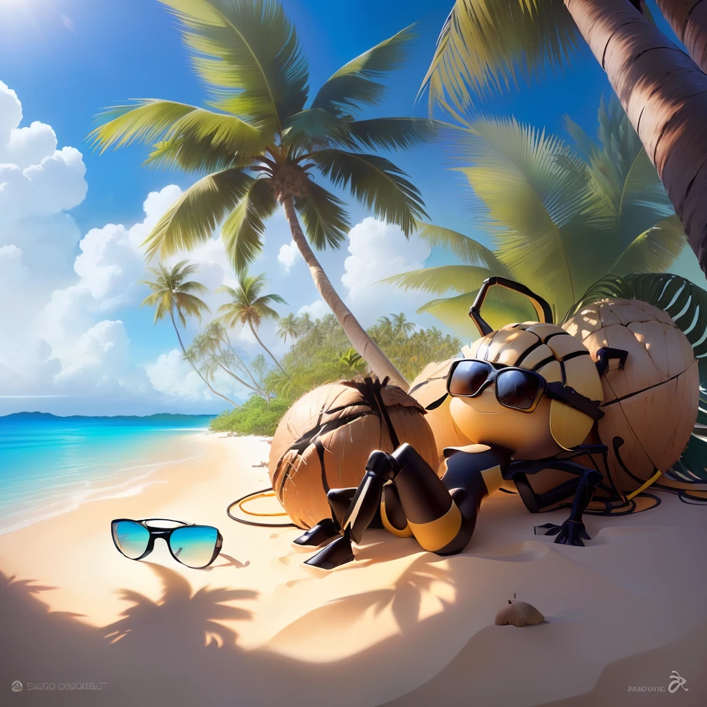 single palm tree with coconuts on a small island anthill+person sized ant lounging at base of palm tree wearing sunglasses-upscale isolate ant upscale— at base of tree place cartoon style ant sunbathing, drinking from straw a tropical drink