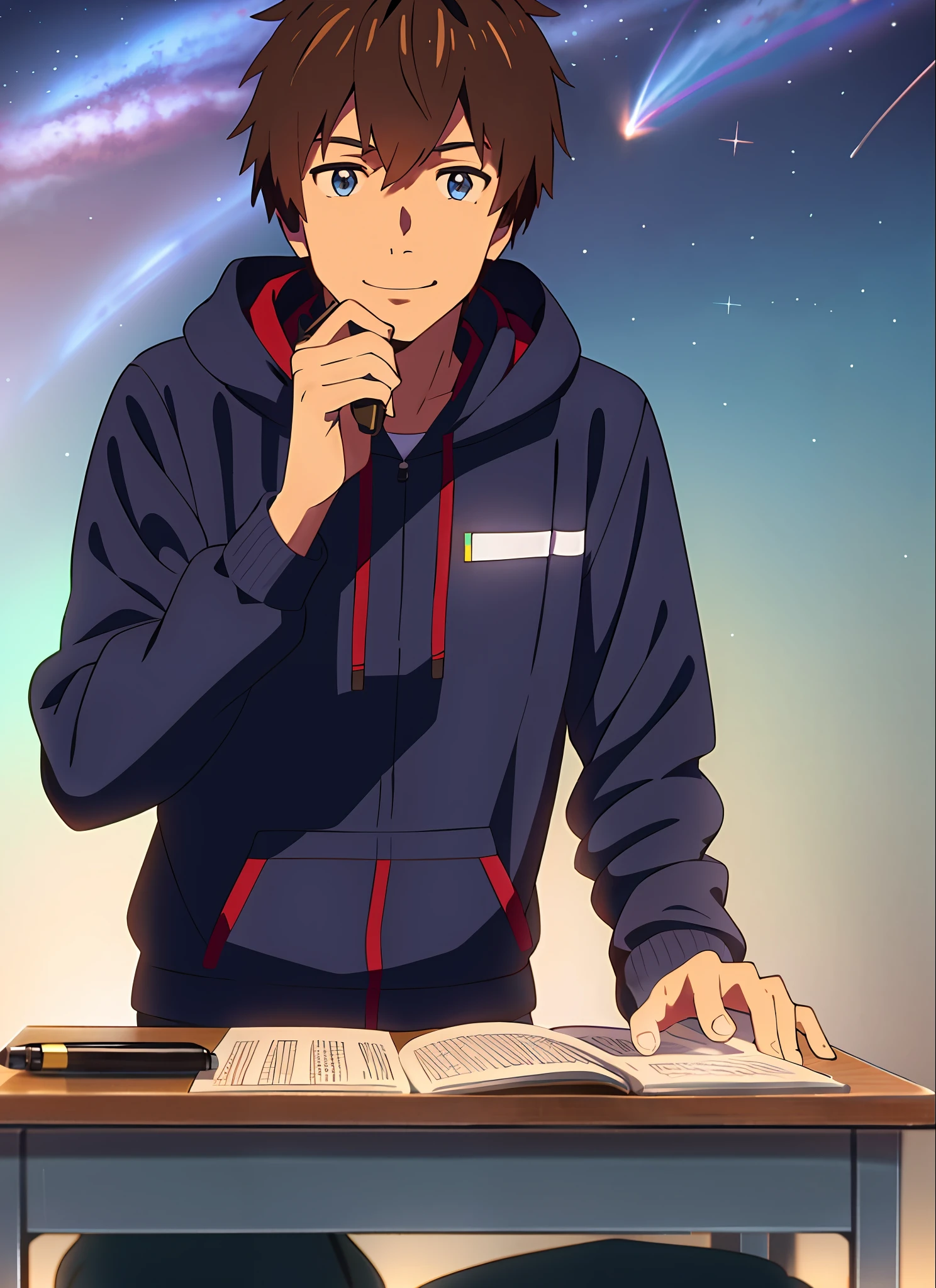 shinkai makoto, kimi no na wa.  , tachibana taki, 1boy, blue eyes, brown hair, comet, hood, hoodie, male focus, marker, night, , smile, solo, sitting at the desk writing, very moody