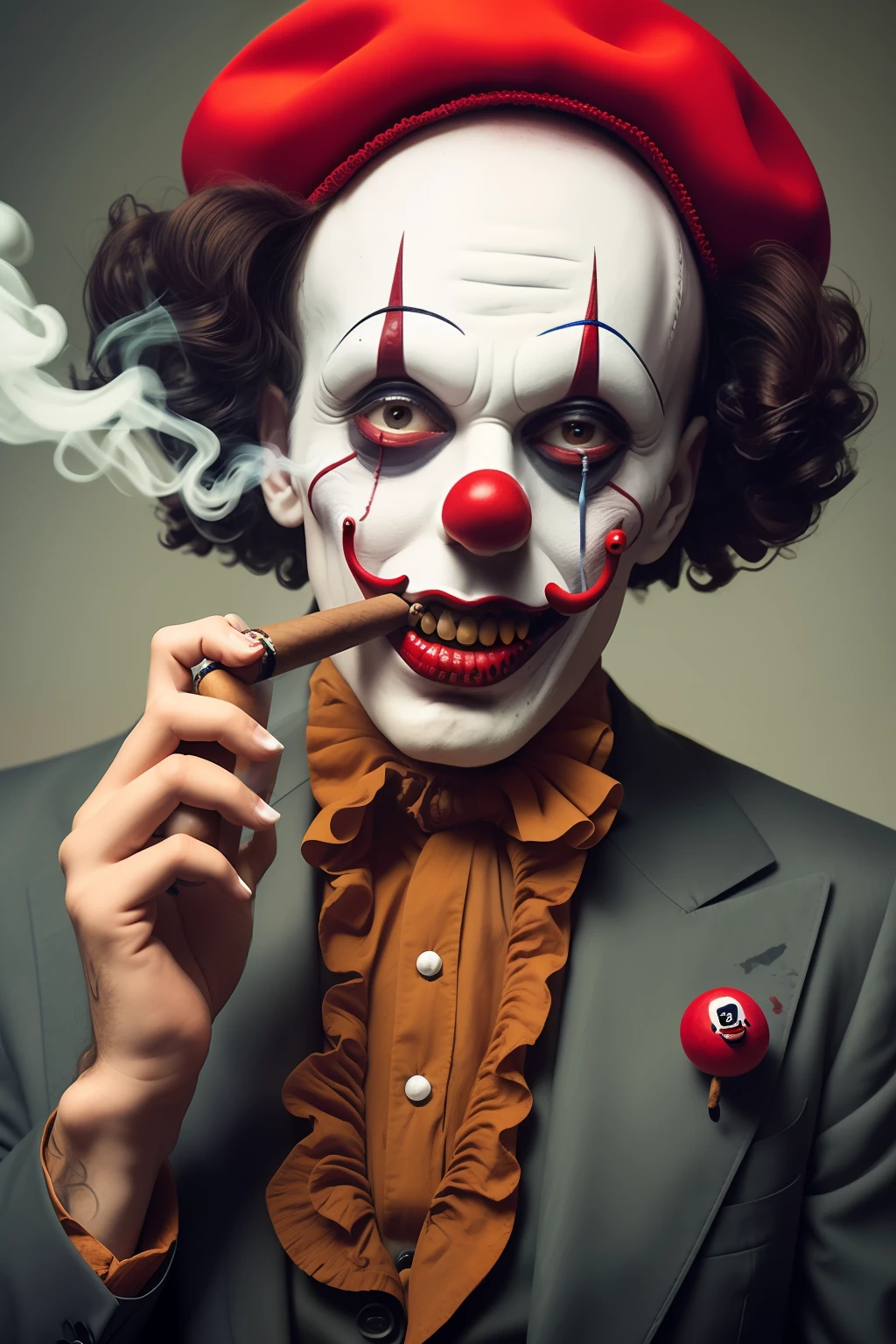 Macabre clown smoking cigar