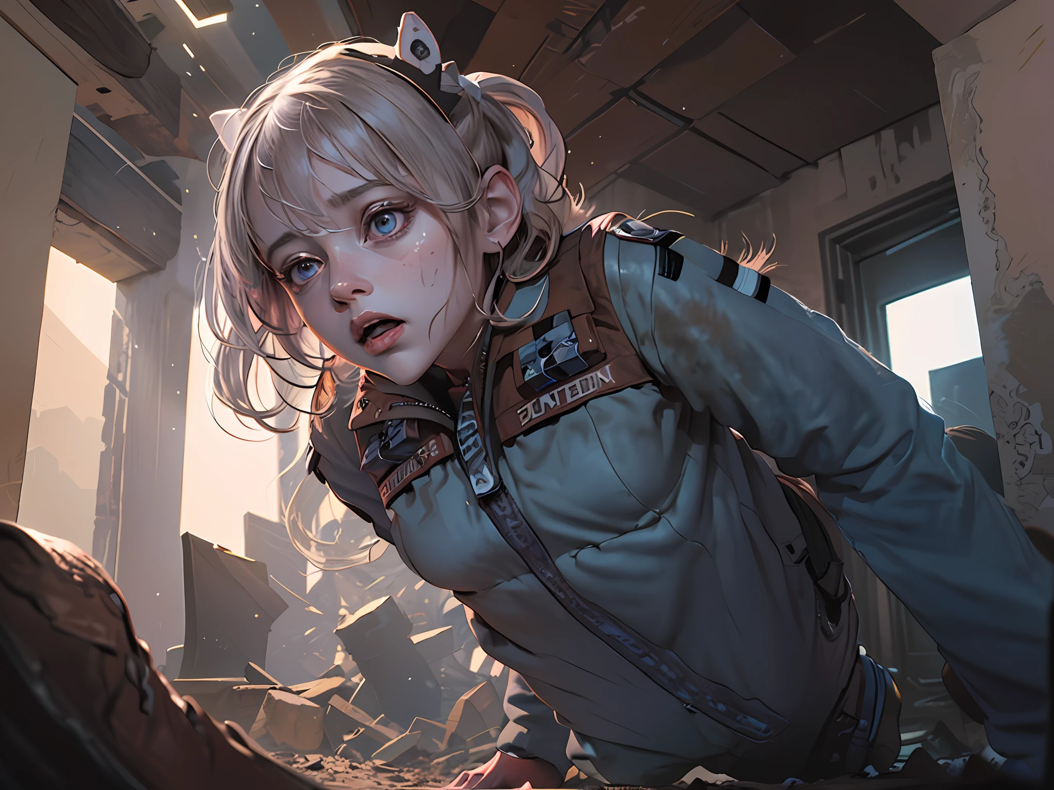 ((suspense scene ((CONCEPT ART)), extremely detailed with a -yeld giwearing blue jeans, with brown coat, and brown boots)), (4 meter camera of the girl), (better lighting, better shadow, an extremely delicate and scary), (digital illustration), ((4k painting)), [(dynamic angle,((1girl)),white hair, (pale pink eye irise), (beautiful face, perfect face, scared, ) small chest, expression of fear, (passing under a hole), darkness), creepy house), [:(dark, mysterious, game paint, sinister scenery, jagged corridors, big house,):]