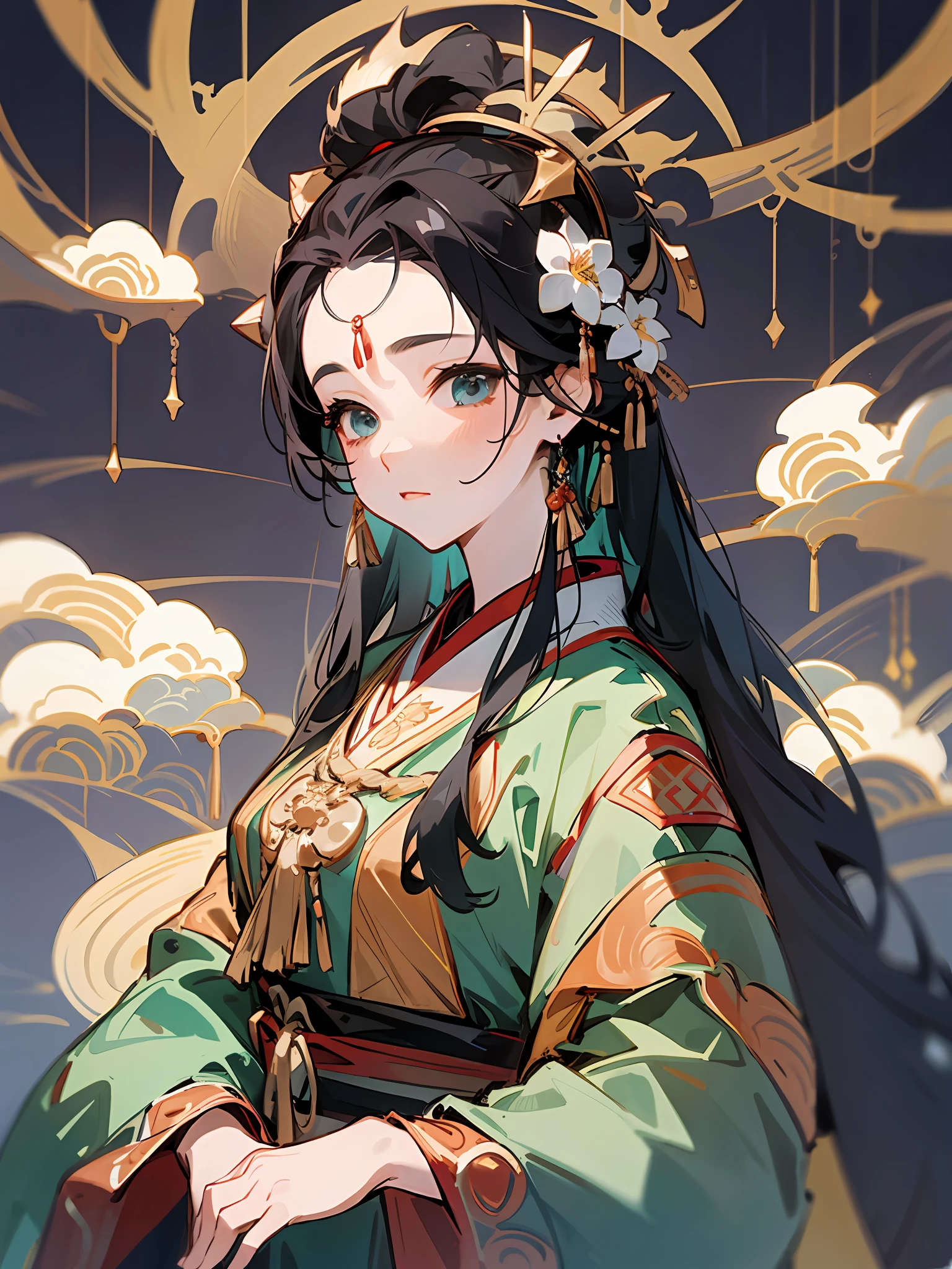 an illustration of a woman in traditional chinese costume, in the style of anime aesthetic, 32k uhd, blink-and-you-miss-it detail, i can't believe how beautiful this is, anime-inspired characters, beige and aquamarine, close-up,