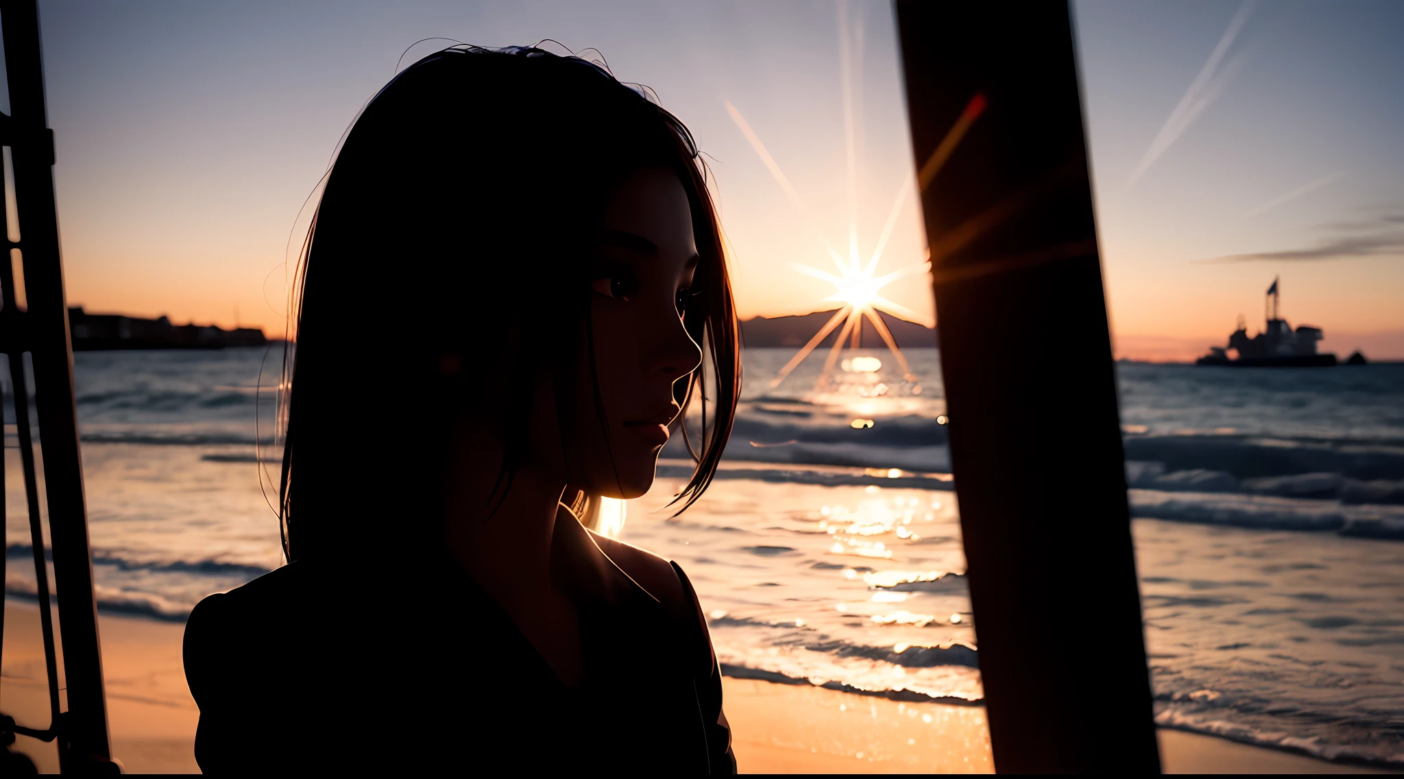 (silhouette shadow, shadow contrast:1.2), masterpiece, best quality, 1girl, twilight sky, (long hair blowing in the wind:0.6), backlight, light leaks, bleach bypass, film grain, chromatic aberration