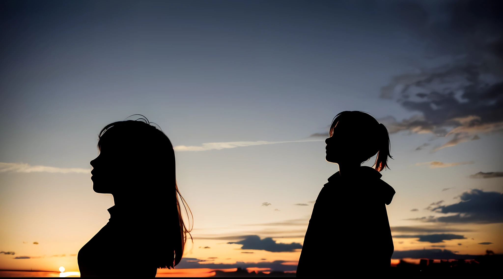 (silhouette shadow, shadow contrast:1.2), masterpiece, best quality, 1girl, twilight sky, backlight, light leaks, bleach bypass, film grain, chromatic aberration
