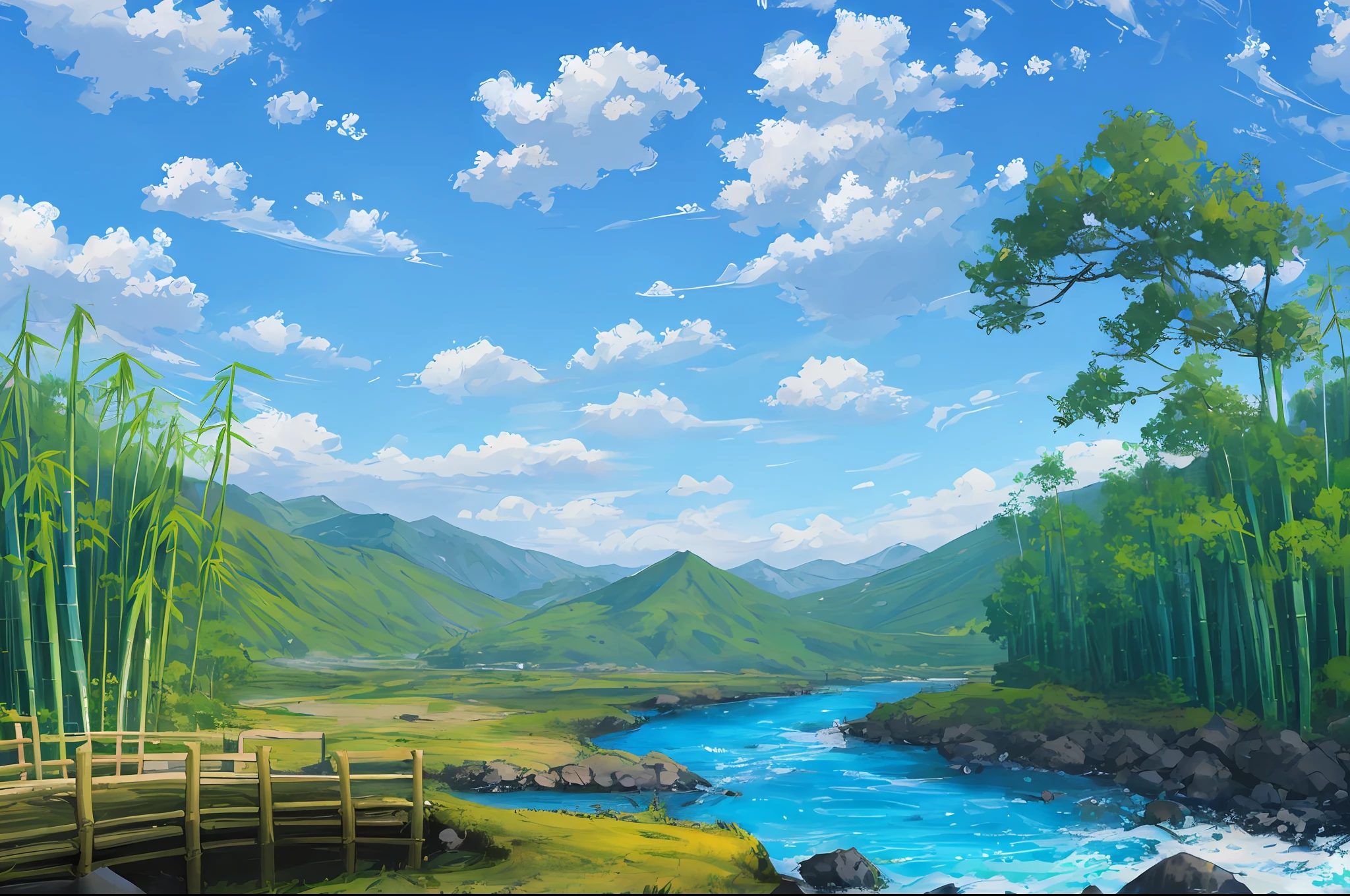 ConceptArt, nobody, landscape, daytime, tree, cloud, outdoors, nature, blue sky, stream, bamboo forest