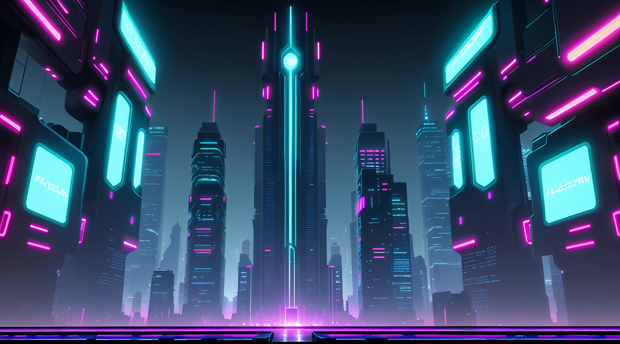 Cyberpunk style futuristic big city, neon, super wide view, 8K, symmetrical composition