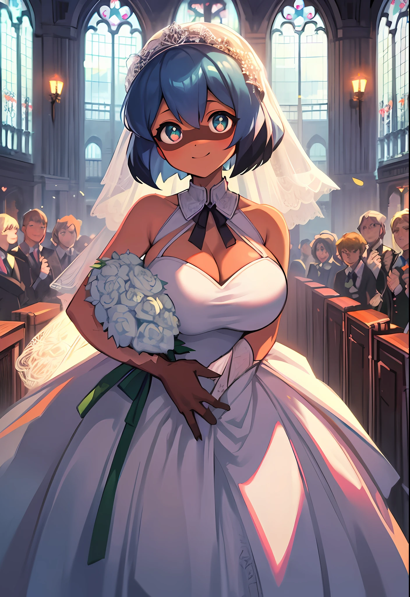 (masterpiece, best quality: 1.2), solo, 1girl, michiru kagemori, smile, looking at the viewer, holding bouquet of flowers, wedding dress, white dress,church,beauty,neckline, big breasts,wedding veil, large