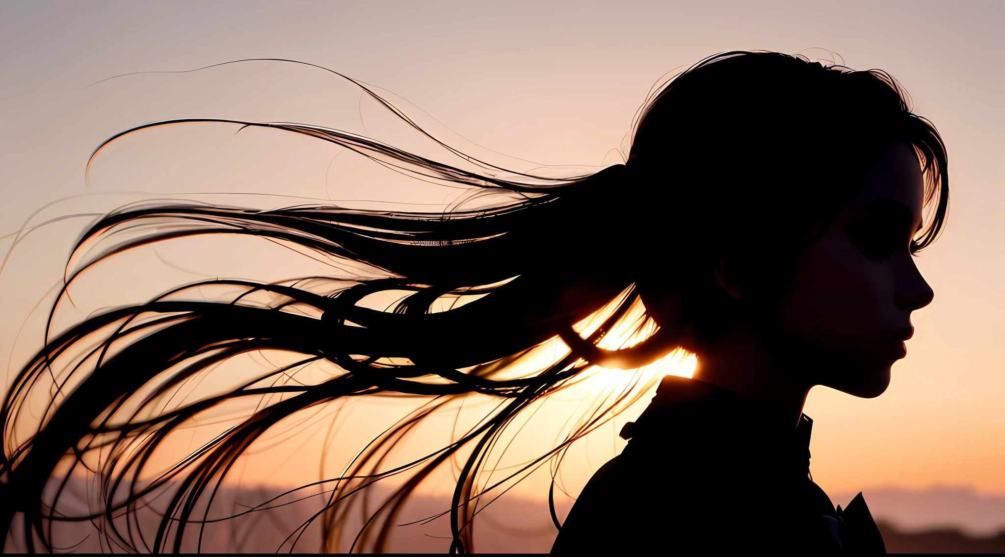 (silhouette shadow, shadow contrast:1.2), masterpiece, best quality, 1girl, twilight sky, long hair blowing in the wind,backlight,  light leaks, bleach bypass, film grain, chromatic aberration