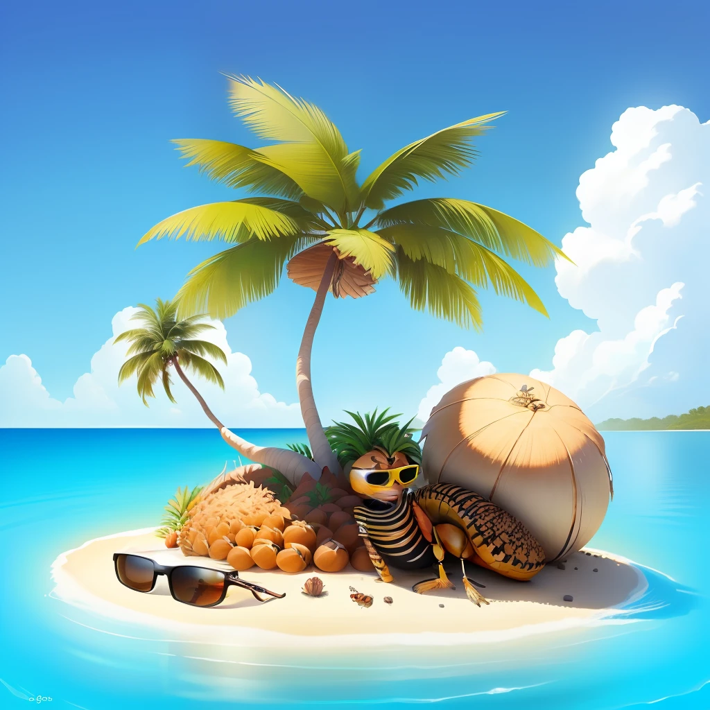 single palm tree with coconuts on a small island style anthill+cartoon style ant lounging at base of palm  tree wearing sunglasses-upscale --