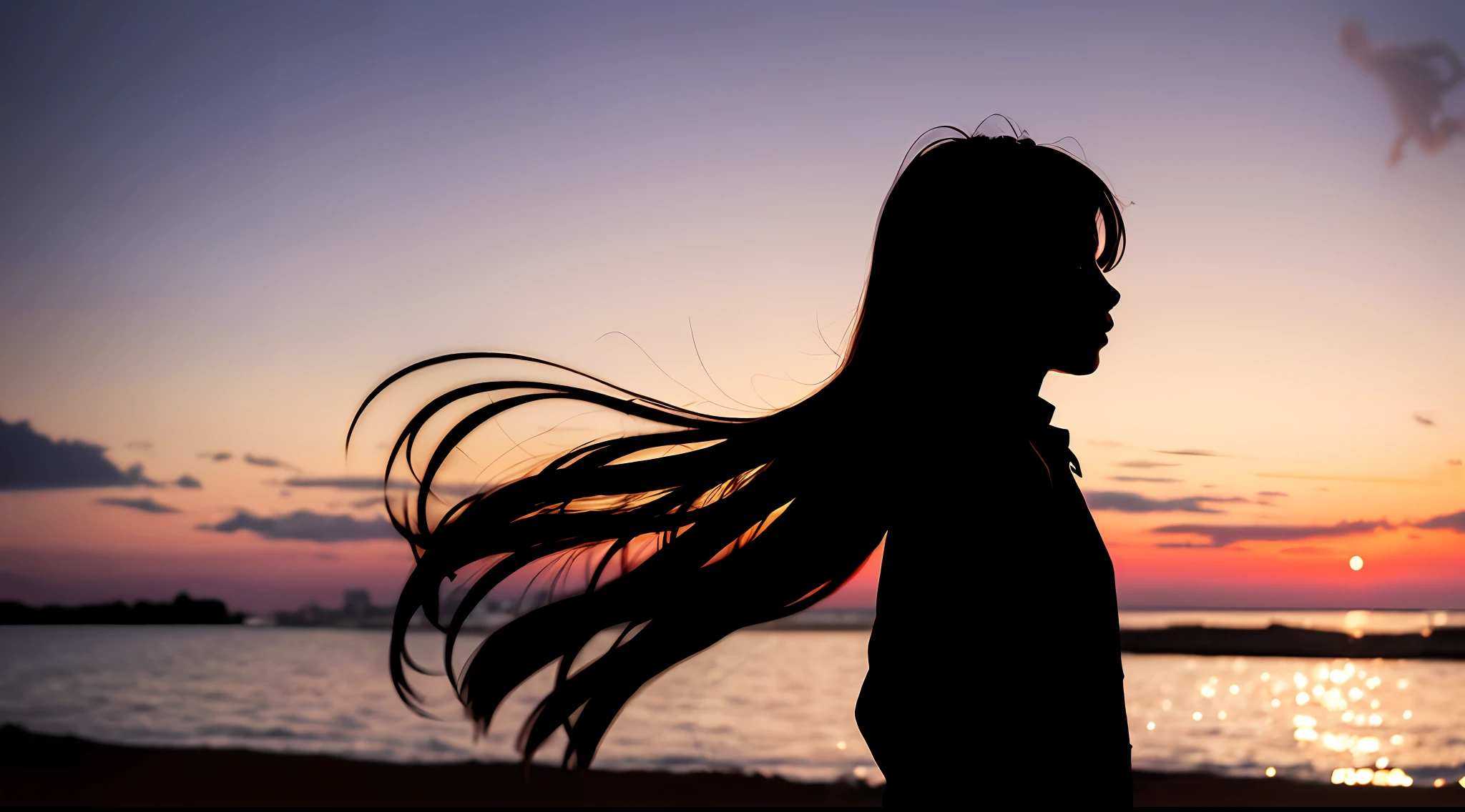 (silhouette shadow, shadow contrast:1.2), masterpiece, best quality, 1girl, twilight sky, long hair blowing in the wind,backlight,  light leaks, bleach bypass, film grain, chromatic aberration