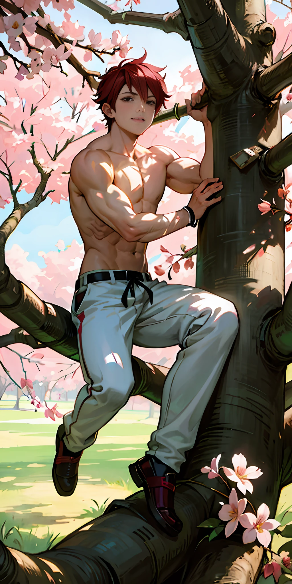 anime man sitting on a tree branch with pink flowers, otto schmidt, jake parker, official art, background artwork, inspired by Tomer Hanuka, character from king of fighters, commission for high res, rob rey and kentaro miura style, the non-binary deity of spring, handsome anime pose, digital anime illustration, john park