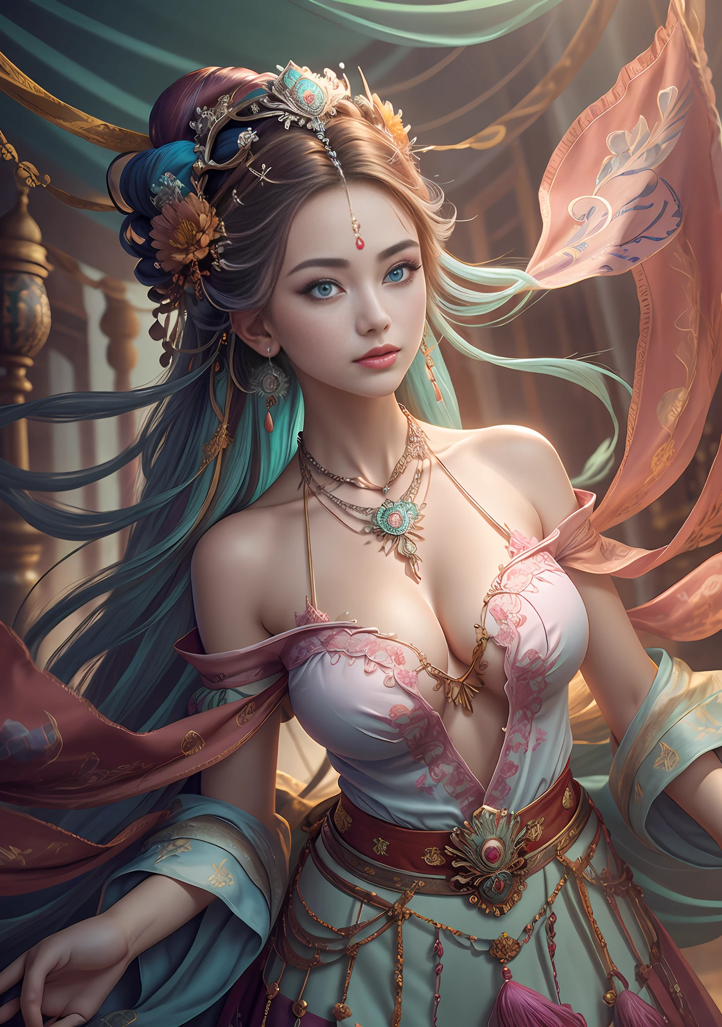 Best quality,masterpiece,ultra-detailed high res,(photorealistic:1.4),raw photo,,illustration,
1girl dancing,(solo:1.2),(cowboy shot:1.2),(hair crown:1.2),Traditional chinese dunhuang style clothes,Strapless,(red eyeliner:1.2),(huge breasts:1.4), (v-neck:1.5), (big necklace:1.4), lace armour, (beautiful eyes :1.4), (looking at viewer:1.5), earrings,dynamic angle,Opera House,messy_long_hair,ink,cinematic lighting,lens_flare, Velvet, chrysanthemum,Tassel,Ribbon,color embroidery, white gold pink blue violet green