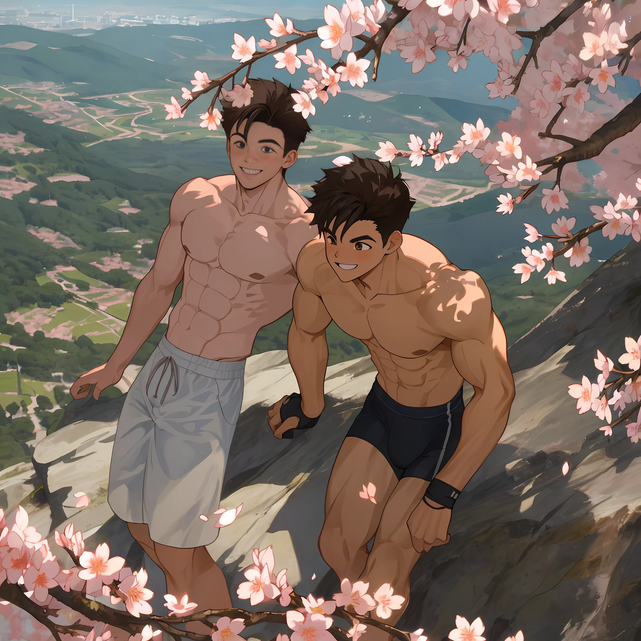 (masterpiece, best quality),2boys, climbing mountains, shirtless, cherry blossom, muscular, sports, smiling, happy, 8k