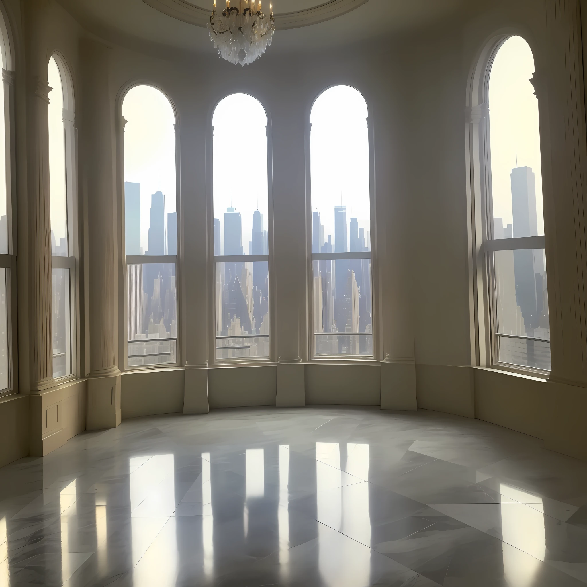 ((best quality)), ((masterpiece)), (high detail), (highres), 8k, empty room, marble floor, floor-to-ceiling windows, New York apartment