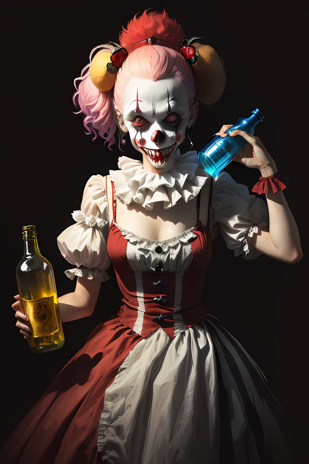 Macabre clown with a bottle of poison