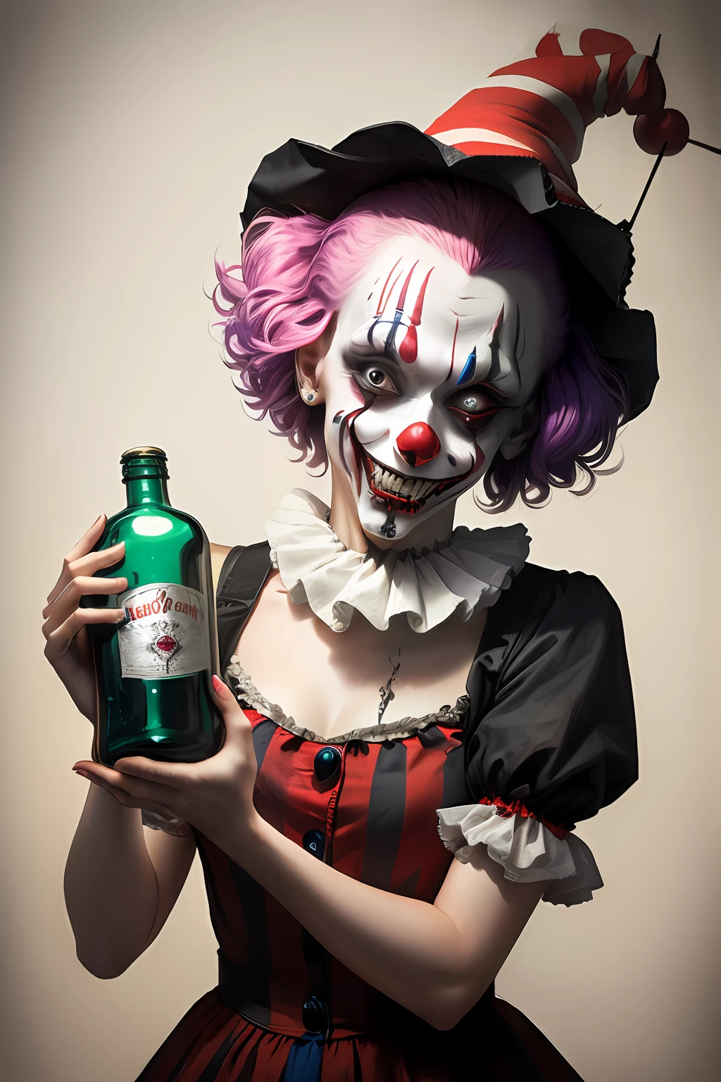 Macabre clown with a bottle of poison