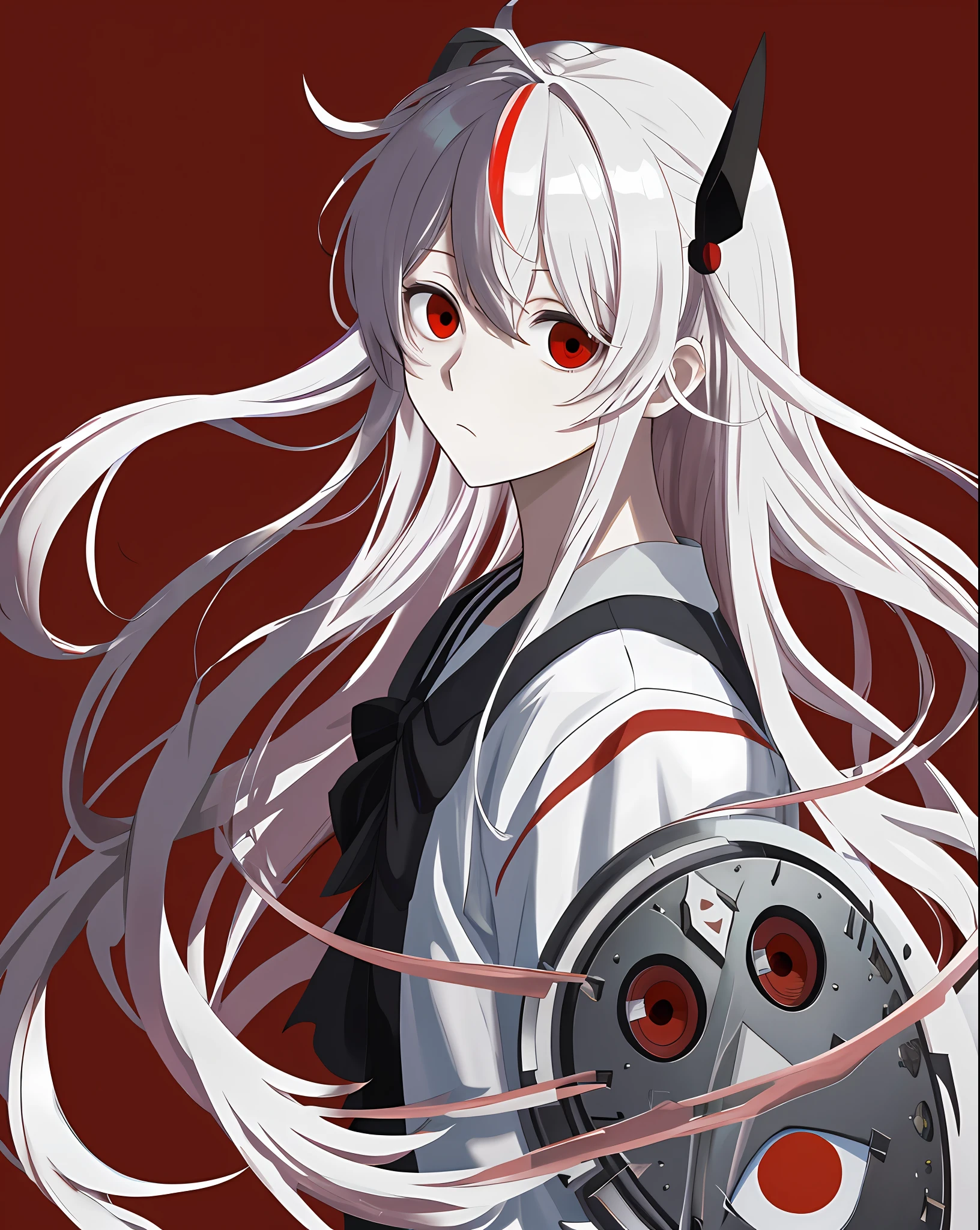 Masterpiece, Best Quality, Enoshima Shield, Game Characters, Yameroyandere, Crazy Eyes, Yandere, Red Background, Red Eyes, Empty Eyes, (Exhausted: 1.1), Eye Bags, Partially Colored, (Messy Hair: 0.9), Expressionless, (Looking Down: 1.3), (Shadow Face: 1.2), Shadows on Eyes, From the Side
