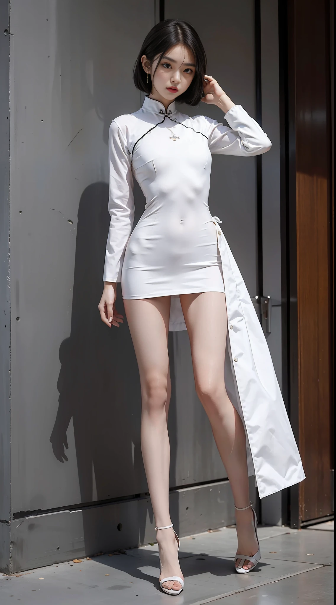 Girl in white open cheongsam top, posing for photo, full body portrait, bra, slim figure, slender long legs, smaller bust, slim girl model, 24-year-old female model, white high heels, standing posture,