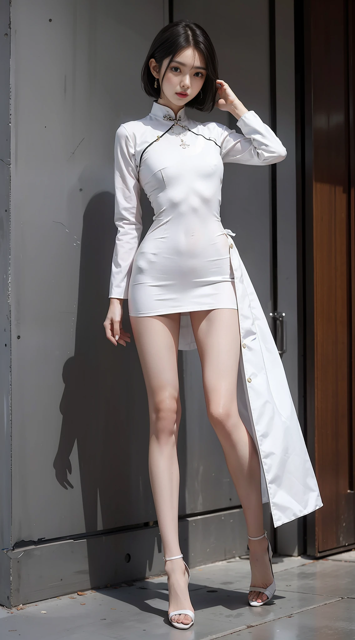 Girl in white open cheongsam top, posing for photo, long hair, full body portrait, bra, slim figure, thin long legs, smaller bust, slim girl model, 24 years old female model, white high heels, standing posture,