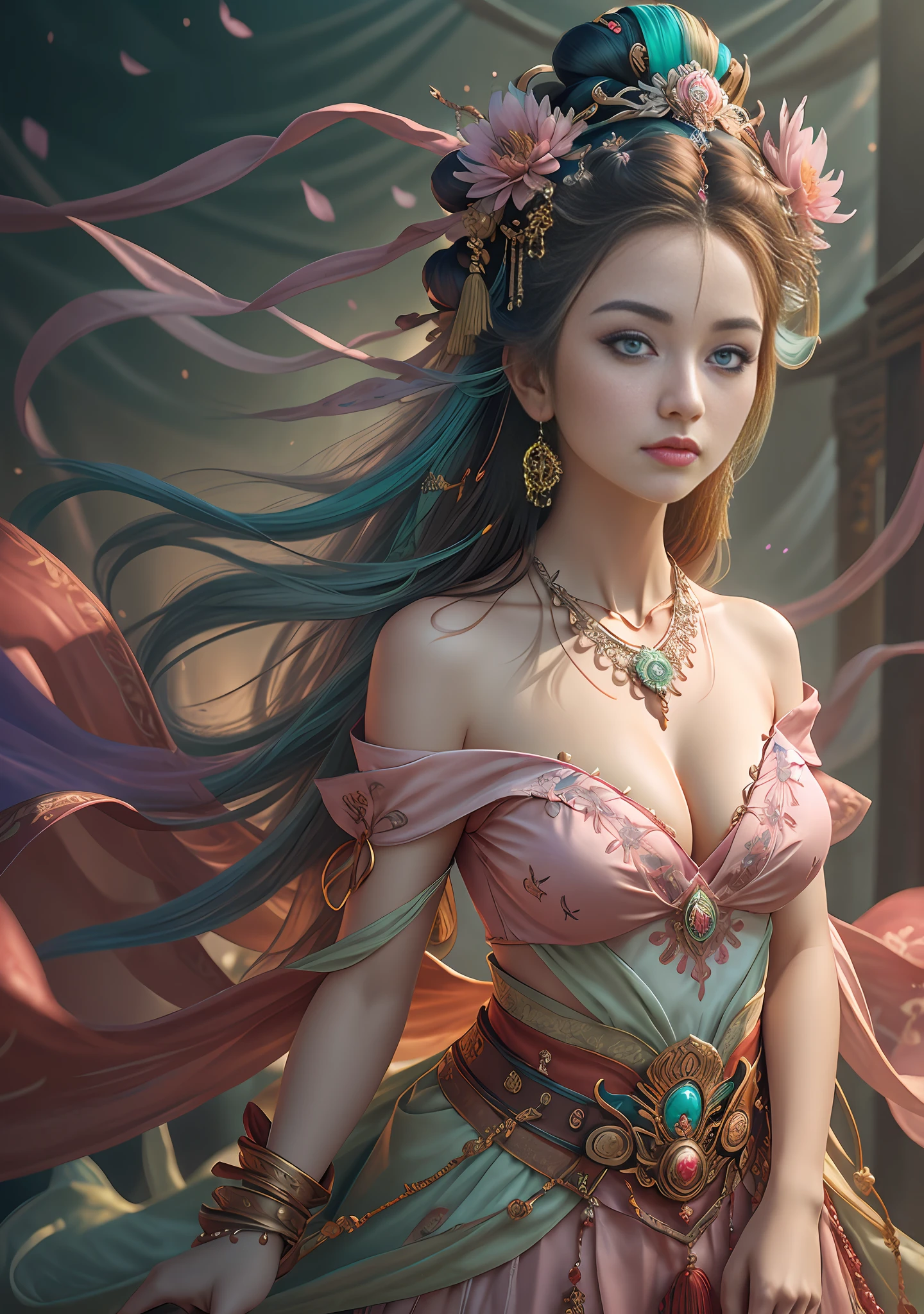 Best quality,masterpiece,ultra-detailed high res,(photorealistic:1.4),raw photo,,illustration,
1girl dancing,(solo:1.2),(cowboy shot:1.2),(hair crown:1.2),Traditional chinese dunhuang style clothes,Strapless,(red eyeliner:1.2),(big breasts:1.4), (v-neck:1.5), (big necklace:1.4), lace armour, (beautiful eyes :1.4), (looking at viewer:1.5), earrings,dynamic angle,Opera House,messy_long_hair,ink,cinematic lighting,lens_flare, Velvet, chrysanthemum,Tassel,Ribbon,color embroidery, white gold pink blue violet green