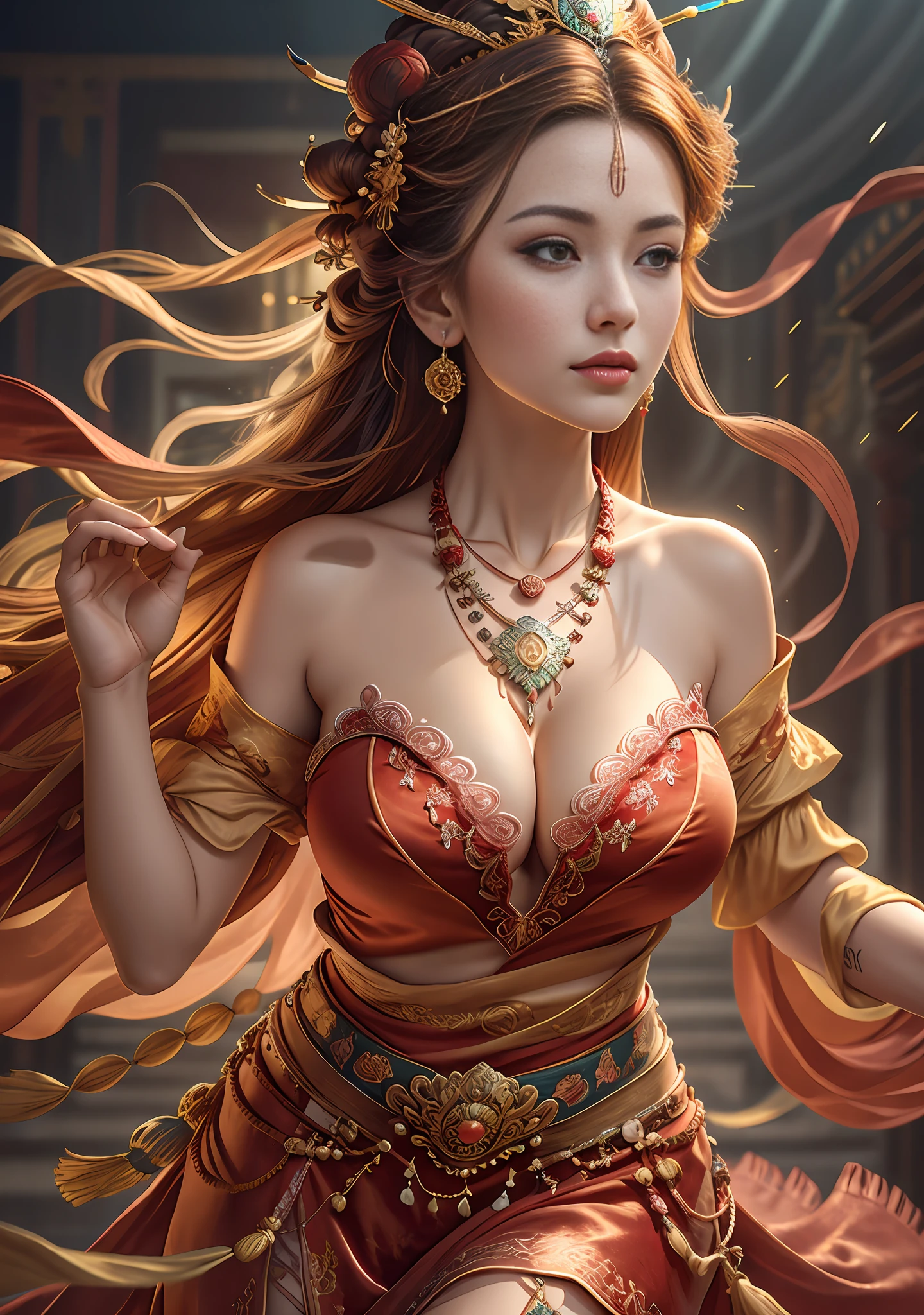 Best quality,masterpiece,ultra-detailed high res,(photorealistic:1.4),raw photo,,illustration,
1girl dancing,(solo:1.2),(cowboy shot:1.2),(hair crown:1.2),Traditional chinese dunhuang style clothes,Strapless,(red eyeliner:1.2),(big breasts:1.4), (v-neck:1.5), (big necklace:1.4), lace armour, earrings,dynamic angle,Opera House,messy_long_hair,ink,cinematic lighting,lens_flare,Velvet,chrysanthemum,Tassel,Ribbon,color embroidery,