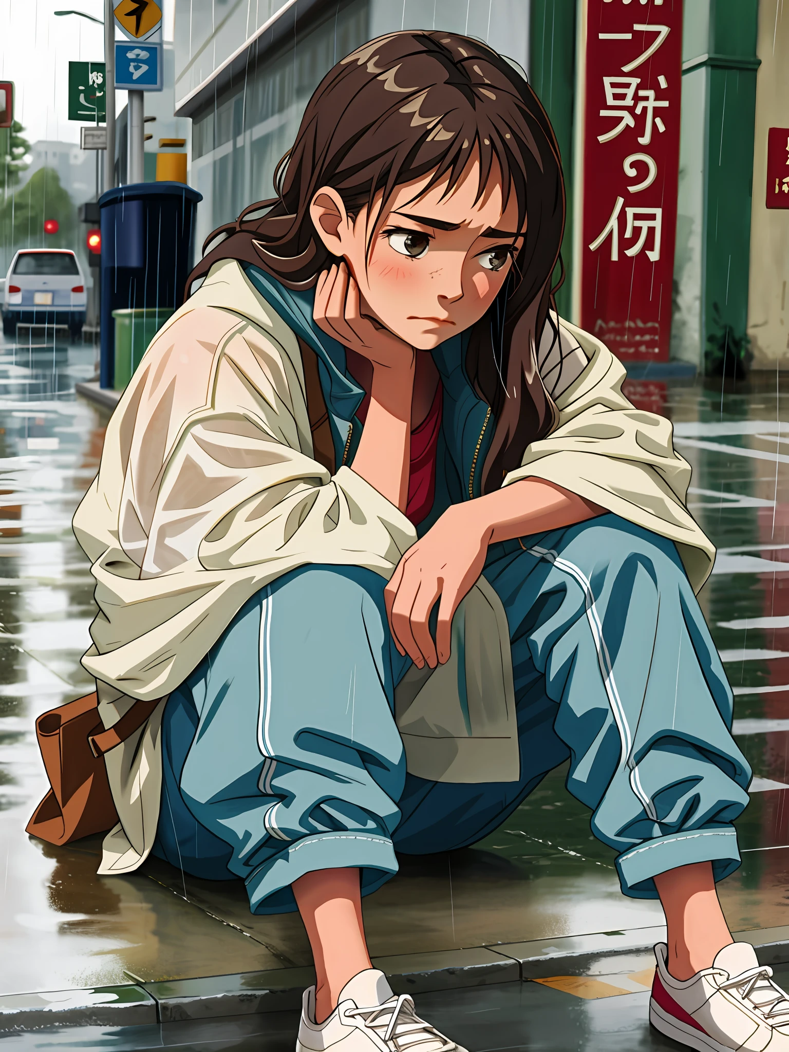 (portrait quality, movie atmosphere), young and tired Arapei woman sitting on the side of the road, disheveled, drenched in rain-soaked coat, homeless, (woman: 1.5), beautiful face stunning, (rain: 1.3), sad expression of despair, (thick mucus: 0.8), dirty rain and thick spider silk, (desperate: 1.2), (gorgeous woman: 0.91), (propaganda image: 0.9)