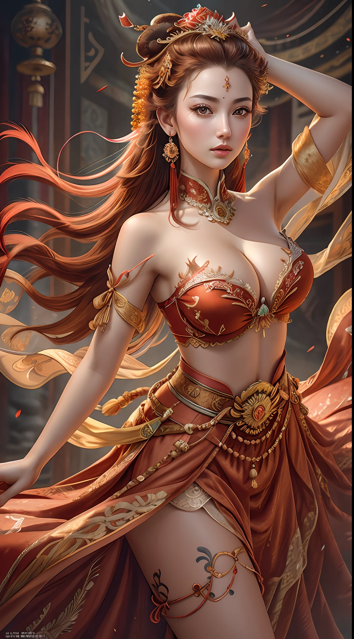 Best quality,masterpiece,ultra-detailed high res,(photorealistic:1.4),raw photo,,illustration,
1girl dancing,(solo:1.2),(cowboy shot:1.2),(hair crown:1.2),Traditional chinese dunhuang style clothes,Strapless,(red eyeliner:1.2),(big breasts:1.4), lace armour, earrings,dynamic angle,Opera House,messy_long_hair,ink,cinematic lighting,lens_flare,Velvet,chrysanthemum,Tassel,Ribbon,color embroidery,