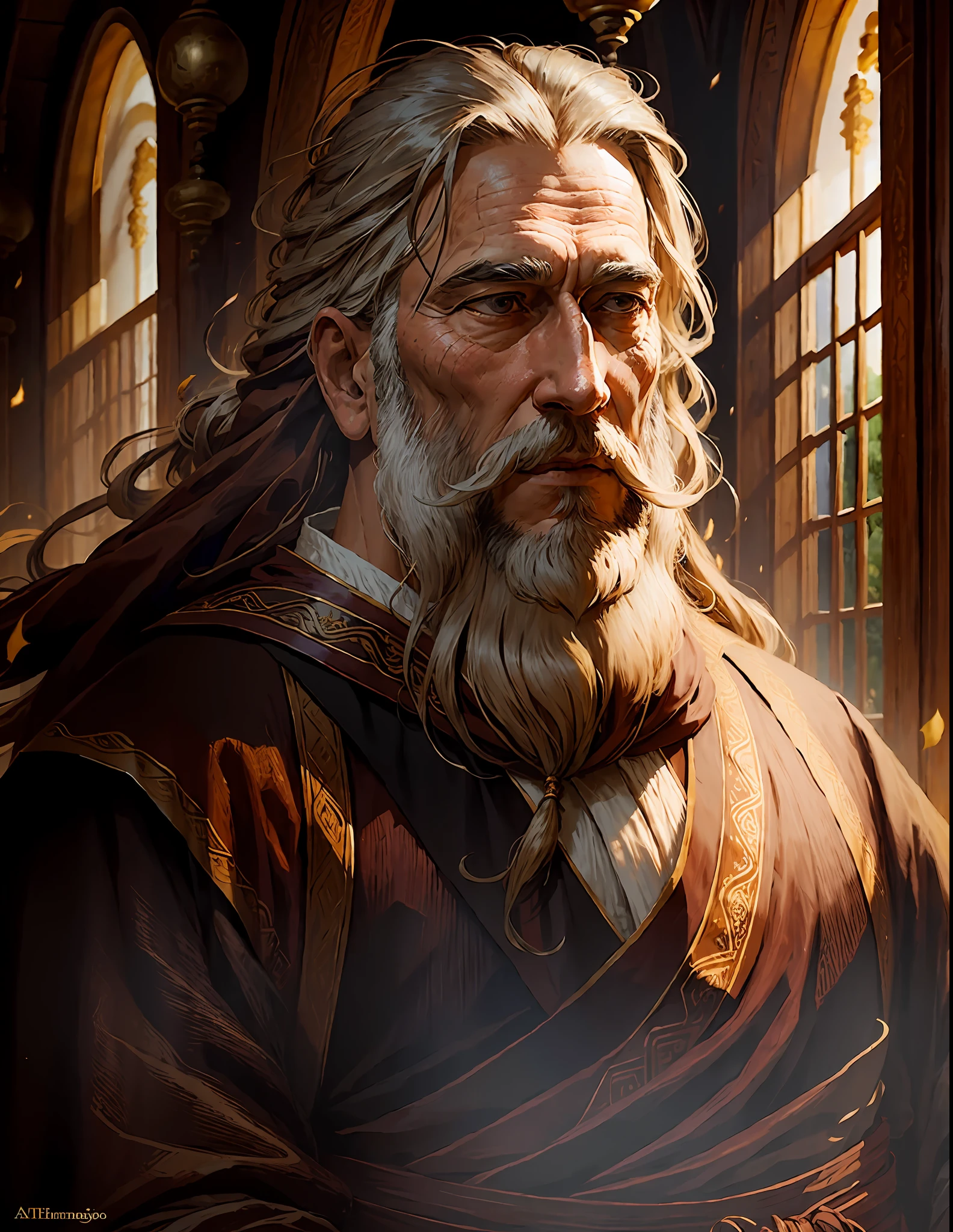 masterpiece, highest quality, (solo focus), (high detail:1.1), dramatic, 1guy, long white hair, beard, wise old man, wrinkled, intelligent, solo, long hair, monk clothing, monastery, detailed background, art by artgerm and greg rutkowski, cinematic lighting