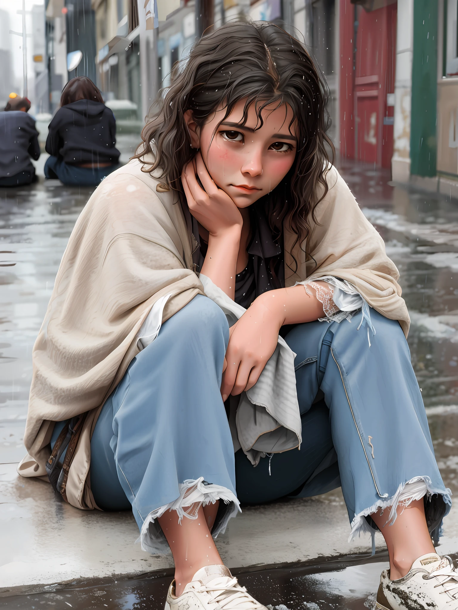 (portrait quality, movie atmosphere), young and tired Arapei woman sitting on the side of the road, disheveled, drenched in rain-soaked coat, homeless, (woman: 1.5), beautiful face stunning, (rain: 1.3), sad expression of despair, (thick mucus: 0.8), dirty rain and thick spider silk, (desperate: 1.2), (gorgeous woman: 0.91), (propaganda image: 0.9)
