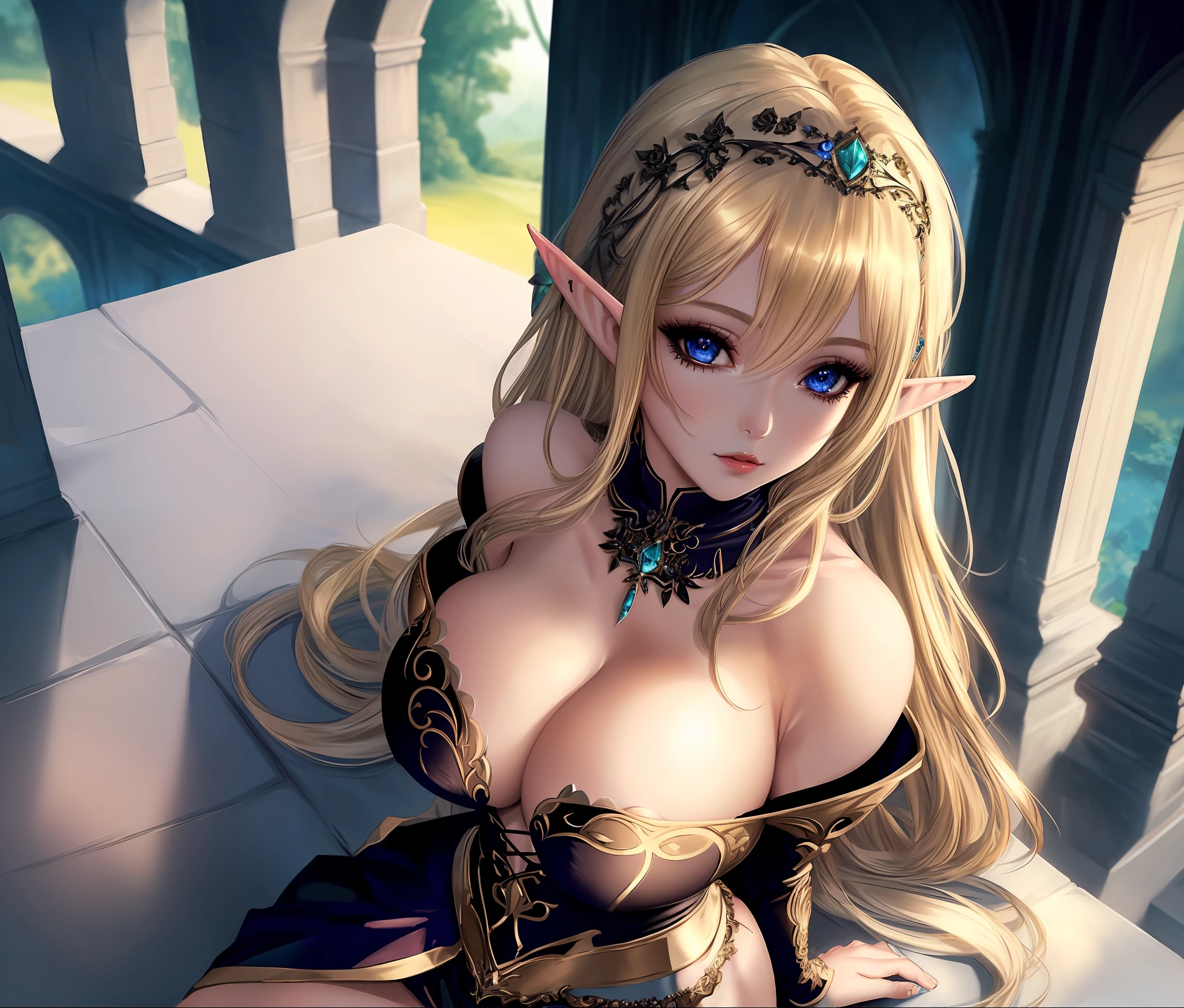 Stunning Elf, masterpiece, best quality, ultra-detailed, illustration,(1girl),beautiful detailed eyes, looking at viewer, close up, (breast focus), (arms behind back:1.2), (from above:1.1), blonde hair, gigantic breasts, (breasts out:1.3), (off shoulder:1.1), underwear,gothgal wearing a gothgal outfit