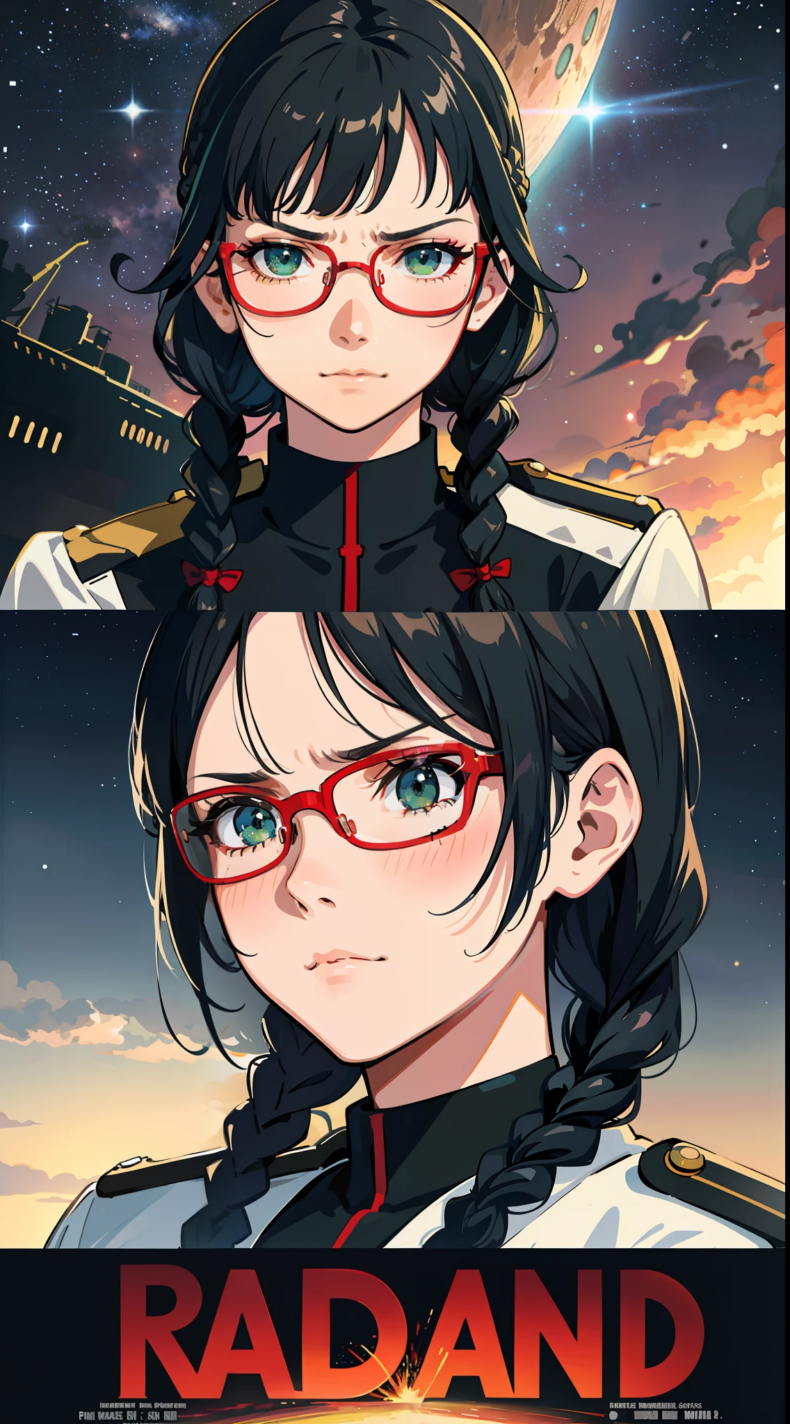 Movie Poster,((Braid Hairstyle : 1.5)),Anime Reference 86 ,Science Fiction,Sci-Fi,Movies,War Action Movies,Space,Atmosphere,Sky,Battleship,Multiple Characters,Women,Adults,Green Eyes,Black Hair,(Pia bangs hairstyle) : 1.8 ),(Red Glasses),General Uniform,White Commander Uniform,Serious Face Frowning,Realistic Face Detail,Realism,3D Face,