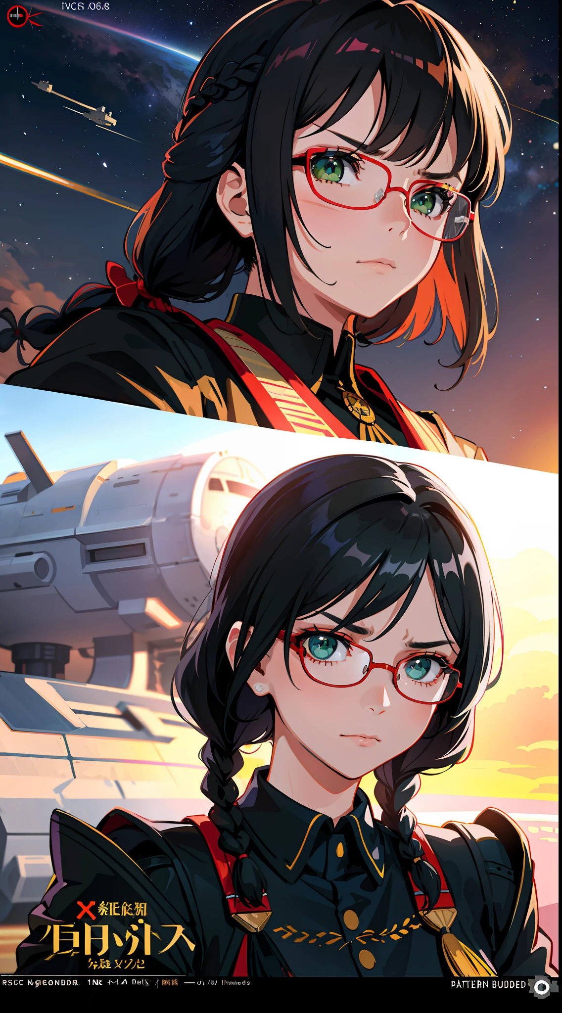 Movie Poster,((Braid Hairstyle : 1.5)),Anime Reference 86 ,Science Fiction,Sci-Fi,Movies,War Action Movies,Space,Atmosphere,Sky,Battleship,Multiple Characters,Women,Adults,Green Eyes,Black Hair,(Pia bangs hairstyle) : 1.8 ),(Red Glasses),General Uniform,White Commander Uniform,Serious Face Frowning,Realistic Face Detail,Realism,3D Face,