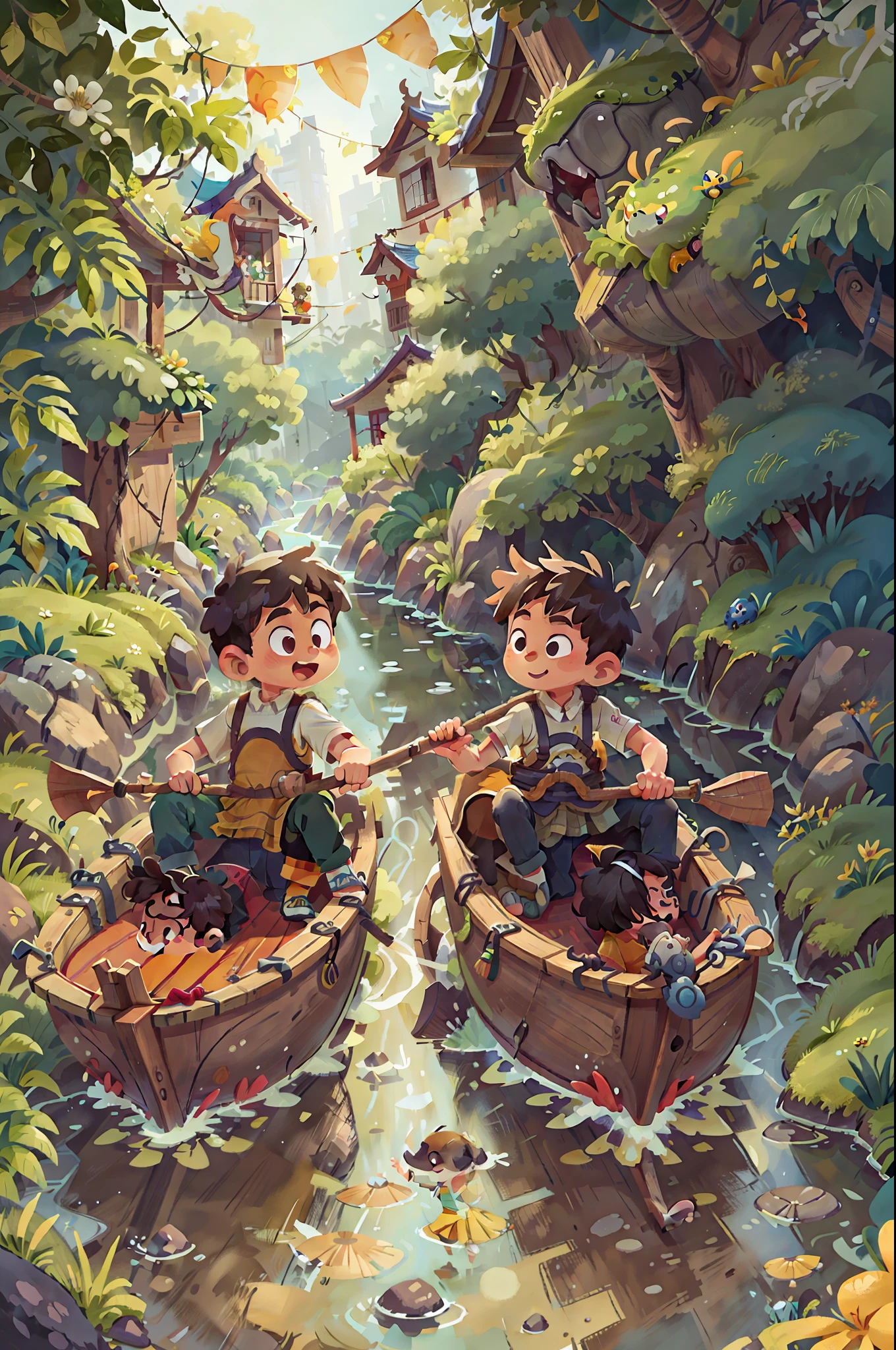 Poster design, (SFW), two rowing boys, Chinese dragon, spring outing, happy, background is a small river interspersed in Chinese street, perfect quality, clear focus, colorful, perfect face, intricate details, ultra-low viewing angle, wide angle lens